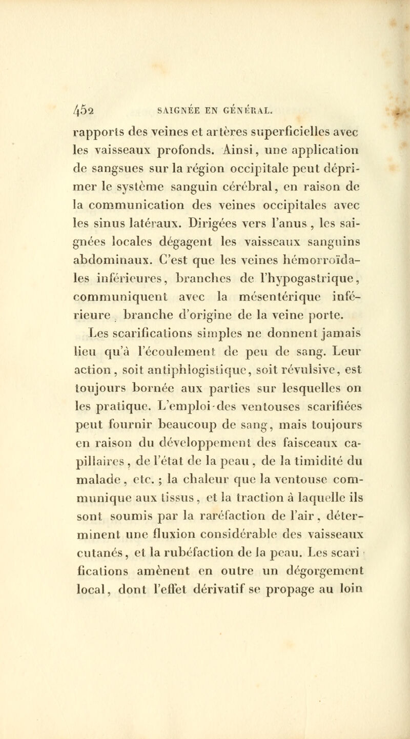 rapports des veines et artères superficielles avec les vaisseaux profonds. Ainsi, une application de sangsues sur la région occipitale peut dépri- mer le système sanguin cérébral, en raison de la communication des veines occipitales avec les sinus latéraux. Dirigées vers l'anus , les sai- gnées locales dégagent les vaisseaux sanguins abdominaux. C'est que les veines hémorroïda- les inférieures, branches de l'hypogastrique, communiquent avec la mésentérique infé- rieure branche d'origine de la veine porte. Les scarifications simples ne donnent jamais lieu qu'à l'écoulement de peu de sang. Leur action, soit antiphlogisiique, soit révulsive, est toujours bornée aux parties sur lesquelles on les pratique. L'emi^loides ventouses scarifiées peut fournir beaucoup de sang, mais toujours en raison du développement des faisceaux ca- pillaires , de l'état de la peau , de la timidité du malade, etc. ; la chaleur que la ventouse com- munique aux tissus , et la traction à laquelle ils sont soumis par la raréfaction de l'air, déter- minent une fluxion considérable des vaisseaux cutanés, et la rubéfaction de la peau. Les scari - fications amènent en outre un dégorgement local, dont l'effet dérivatif se propage au loin