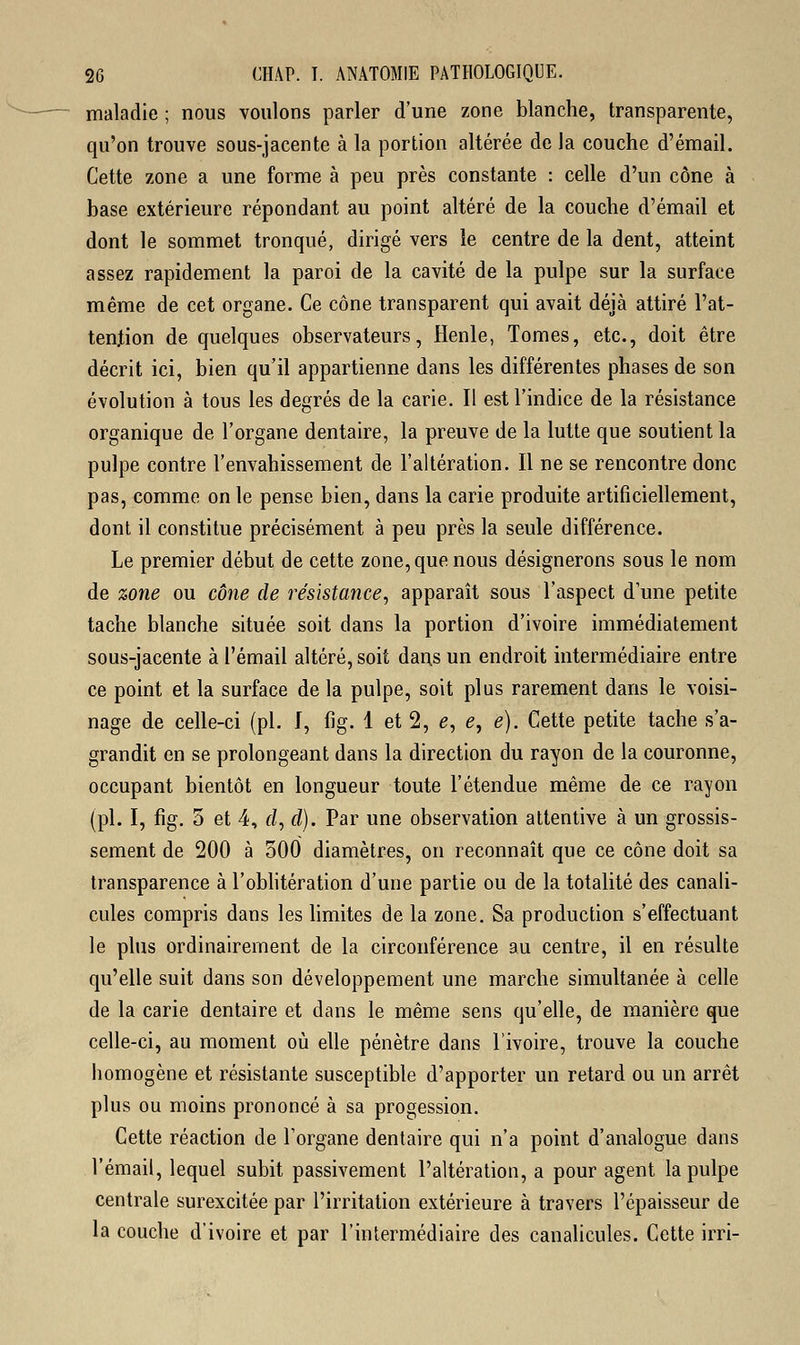 maladie ; nous voulons parler d'une zone blanche, transparente, qu'on trouve sous-jacente à la portion altérée de la couche d'émail. Cette zone a une forme à peu près constante : celle d'un cône à base extérieure répondant au point altéré de la couche d'émail et dont le sommet tronqué, dirigé vers le centre de la dent, atteint assez rapidement la paroi de la cavité de la pulpe sur la surface même de cet organe. Ce cône transparent qui avait déjà attiré l'at- tention de quelques observateurs, Henle, Tomes, etc., doit être décrit ici, bien qu'il appartienne dans les différentes phases de son évolution à tous les degrés de la carie. Il est l'indice de la résistance organique de l'organe dentaire, la preuve de la lutte que soutient la pulpe contre l'envahissement de l'altération. Il ne se rencontre donc pas, comme on le pense bien, dans la carie produite artificiellement, dont il constitue précisément à peu près la seule différence. Le premier début de cette zone, que nous désignerons sous le nom de zone ou cône de résistance, apparaît sous l'aspect d'une petite tache blanche située soit dans la portion d'ivoire immédiatement sous-jacente à l'émail altéré, soit dans un endroit intermédiaire entre ce point et la surface de la pulpe, soit plus rarement dans le voisi- nage de celle-ci (pi. I, fig. 1 et 2, £, e, e). Cette petite tache s'a- grandit en se prolongeant dans la direction du rayon de la couronne, occupant bientôt en longueur toute l'étendue même de ce rayon (pi. I, fig. 5 et 4, fl, cl). Par une observation attentive à un grossis- sement de 200 à 500 diamètres, on reconnaît que ce cône doit sa transparence à l'oblitération d'une partie ou de la totalité des canali- cules compris dans les limites de la zone. Sa production s'effectuant le plus ordinairement de la circonférence au centre, il en résulte qu'elle suit dans son développement une marche simultanée à celle de la carie dentaire et dans le même sens qu'elle, de manière que celle-ci, au moment où elle pénètre dans l'ivoire, trouve la couche homogène et résistante susceptible d'apporter un retard ou un arrêt plus ou moins prononcé à sa progession. Cette réaction de l'organe dentaire qui n'a point d'analogue dans l'émail, lequel subit passivement l'altération, a pour agent la pulpe centrale surexcitée par l'irritation extérieure à travers l'épaisseur de la couche d'ivoire et par l'intermédiaire des canalicules. Cette irri-