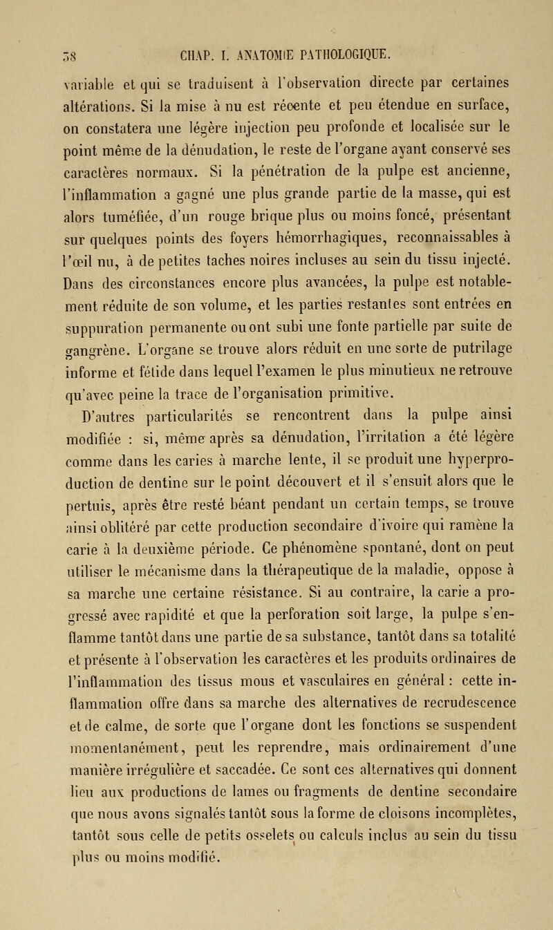 variable et qui se traduisent à l'observation directe par certaines altérations. Si la mise à nu est réoente et peu étendue en surface, on constatera une légère injection peu profonde et localisée sur le point même de la dénudation, le reste de l'organe ayant conservé ses caractères normaux. Si la pénétration de la pulpe est ancienne, l'inflammation a gagné une plus grande partie de la masse, qui est alors tuméfiée, d'un rouge brique plus ou moins foncé, présentant sur quelques points des foyers hémorrhagiques, reconnaissables à l'œil nu, à de petites taches noires incluses au sein du tissu injecté. Dans des circonstances encore plus avancées, la pulpe est notable- ment réduite de son volume, et les parties restantes sont entrées en suppuration permanente ou ont subi une fonte partielle par suite de «angrène. L'organe se trouve alors réduit en une sorte de putrilage informe et fétide dans lequel l'examen le plus minutieux ne retrouve qu'avec peine la trace de l'organisation primitive. D'autres particularités se rencontrent dans la pulpe ainsi modifiée : si, même après sa dénudation, l'irritation a été légère comme dans les caries à marche lente, il se produit une hyperpro- duction de dentine sur le point découvert et il s'ensuit alors que le pertuis, après être resté béant pendant un certain temps, se trouve ainsi oblitéré par cette production secondaire d'ivoire qui ramène la carie à la deuxième période. Ce phénomène spontané, dont on peut utiliser le mécanisme dans la thérapeutique de la maladie, oppose à sa marche une certaine résistance. Si au contraire, la carie a pro- gressé avec rapidité et que la perforation soit large, la pulpe s'en- flamme tantôt dans une partie de sa substance, tantôt dans sa totalité et présente à l'observation les caractères et les produits ordinaires de l'inflammation des tissus mous et vasculaires en général : cette in- flammation offre dans sa marche des alternatives de recrudescence et de calme, de sorte que l'organe dont les fonctions se suspendent momentanément, peut les reprendre, mais ordinairement d'une manière irrégulière et saccadée. Ce sont ces alternatives qui donnent lieu aux productions de lames ou fragments de dentine secondaire que nous avons signalés tantôt sous la forme de cloisons incomplètes, tantôt sous celle de petits osselets ou calculs inclus au sein du tissu plus ou moins modifié.