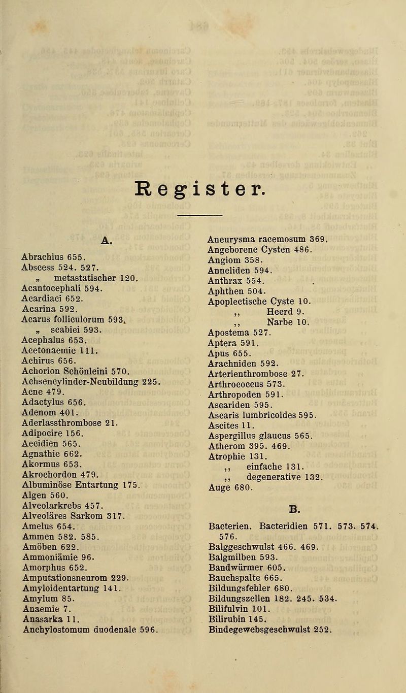Register. A. Abrachius 655. Abscess 524. 527. „ metastatischer 120. Acantocephali 594. Acardiaci 652. Acarina 592. Acarus foUiculorum 593, „ scabiei 593. Acephalus 653. Acetonaemie 111. Achirus 656. Achorion Schönleini 570. Achsencylinder-Neubildung 225. Acne 479. Adactylus 656. Adenom 401. Aderlassthrombose 21. Adipocire 156. Aecidien 565. Agnathie 662. Akormus 653. Akrochordon 479. Albuminöse Entartung 175. Algen 560. Alveolarkrebs 457. Alveoläres Sarkom 317. Amelus 654. Ammen 582. 585. Amöben 622. Ammoniämie 96. Amorphus 652. Amputationsneurom 229. Amyloidentartung 141. Amylum 85. Anaemie 7. Anasarka 11. Anchylostomum duodenale 596. Aneurysma racemosum 369. Angeborene Cysten 486. Angiom 358. Anneliden 594. Anthrax 554. Aphthen 504. Apoplectische Cyste 10. ,, Heerd 9. ,, Narbe 10. Apostema 527. Aptera 591. Apus 655. Arachniden 592. Arterienthrombose 27. Arthrococcus 573. Arthropoden 591. Ascariden 595. Ascaris lumbricoides 595. Ascites 11. Aspergillus glaucus 565. Atherom 395. 469. Atrophie 131. ,, einfache 131. ,, degenerative 132. Auge 680. B. Bacterien. Bacteridien 571. 573. 574. 576. Balggeschwulst 466. 469. Balgmilben 593. Bandwürmer 605, Bauchspalte 665. Bildungsfehler 680. Bildungszellen 182. 245. 534. Bilifulvin 101. Bilirubin 145. Bindegewebsgeschwulst 252.