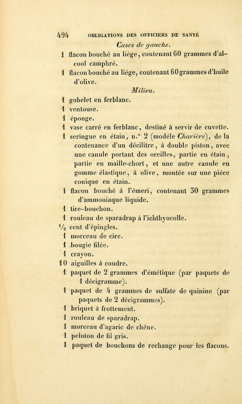 Cases de gauche. i flacon bouché au liège, contenant 60 grammes d'al- cool camphré. 1 flacon bouché au liège, contenant 60 grammes d'huile d'olive. Milieu. 1 gobelet en ferblanc. 1 ventouse. i éponge. 4 vase carré en ferblanc, destiné à servir de cuvette. 1 seringue en étain^ n.° 2 (modèle Charîère^^ delà contenance d'un décilitre, à double piston, avec une canule portant des oreilles, partie en étain, partie en maille-chort, et une autre canule en gomme élastique, à olive, montée sur une pièce conique en étain. 1 flacon bouché à l'émeri, contenant 30 grammes d'ammoniaque liquide. 1 tire-bouchon. 4 rouleau de sparadrap à richthyocolle. Va cent d'épingles. 1 morceau de cire. 4 .bougie filée. 4 crayon. 40 aiguilles à coudre. 4 paquet de 2 grammes d'émétique (par paquets de 4 décigramme). 4 paquet de 4 grammes de sulfate de quinine (par paquets de 2 décigrammes). 4 briquet à frottement. 4 rouleau dé sparadrap. 4 morceau d'agaric de chêne. 4 peloton de fil gris. 1 paquet de bouchons de rechange pour les flacons.