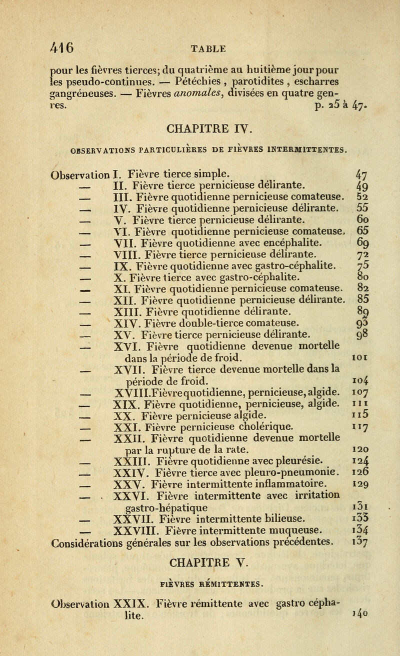 pour les fièvres tierces; du quatrième au huitième jour poul- ies pseudo-continues. — Pétéchies , parotidites , escharres gangreneuses. — Fièvres anomales, divisées en quatre gen- res, p. a5 à 47» CHAPITRE IV. OBSERVATIONS PARTICULIERES DE FIEVRES INTERMITTENTES. Observation I. Fièvre tierce simple. 47 II. Fièvre tierce pernicieuse délirante. 49 — III. Fièvre quotidienne pernicieuse comateuse. 52 — IV. Fièvre quotidienne pernicieuse délirante. 55 — V. Fièvre tierce pernicieuse délirante. 60 — VI. Fièvre quotidienne pernicieuse comateuse. 65 — VII. Fièvre quotidienne avec encéphalite. 69 — VIII. Fièvre tierce pernicieuse délirante. 72 ■— IX. Fièvre quotidienne avec gastro-céphalite. y5 — X. Fièvre tierce avec gastro-céphalite. 80 XI. Fièvre quotidienne pernicieuse comateuse. 82 — XII. Fièvre quotidienne pernicieuse délirante. 85 — XIII. Fièvre quotidienne délirante. 89 — XIV. Fièvre double-tierce comateuse. gj — XV. Fièvre tierce pernicieuse délirante. 98 — XVI. Fièvre quotidienne devenue mortelle dans la période de froid. 101 — XVII. Fièvre tierce devenue mortelle dans la période de froid. 104 — XVIII.Fièvre quotidienne, pernicieuse, algide. 107 — XIX. Fièvre quotidienne, pernicieuse, algide. 111 — XX. Fièvre pernicieuse algide. n5 — XXI. Fièvre pernicieuse cholérique. 117 — XXII. Fièvre quotidienne devenue mortelle par la rupture de la rate. 120 XXIII. Fièvre quotidienne avec pleurésie. 124 — XXIV. Fièvre tierce avec pleuro-pneumonie. 126 XXV. Fièvre intermittente inflammatoire. 129 — XXVI. Fièvre intermittente avec irritation gastro-hépatique i3i — XXVII. Fièvre intermittente bilieuse. i33 — XXVIII. Fièvre intermittente muqueuse. i34 Considérations générales sur les observations précédentes. i3j CHAPITRE V. FIÈVRES RÉMITTENTES. Observation XXIX. Fièvre rémittente avec gastro cépha- lite. J4°