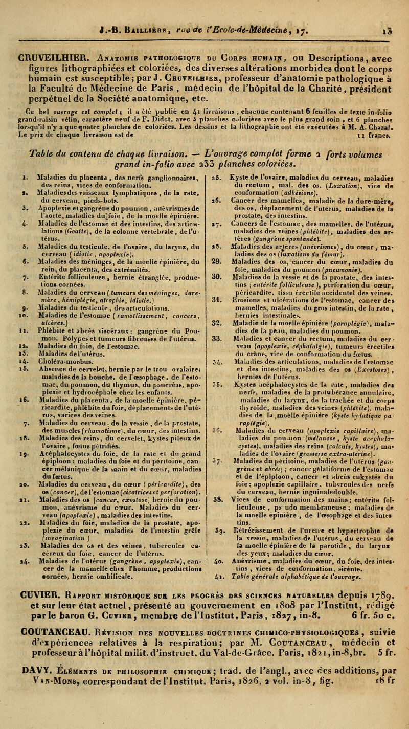 CRUVEILHIER. Anatomib pathologique du Corps humain, ou Descriptions, avec figures lithographiées et coloriées, des diverses altérations morbides dont le corps humain est susceptible; par J. Cruveilhier, professeur d'anatomie pathologique à la Faculté de Médecine de Paris , médecin de l'hôpital de la Charité, président perpétuel de la Société anatomique, etc. Ce bel ouvrage est complet • il a été publié en 4i livraisons , cbacune contenant 6 feuille* de lexle in-folio grand-raisin véliu, caractère neuf de F. Didct, avec 5 planches coloriées avec le plus grand soin , et 6 planches lorsqu'il n'y a queqnatre planche* de coloriées. Les dessins et la lithographie ont été exécutées à M. A. Chazal. Le prix de chaque livraison est de \\ francs. Table du contenu de chaque livraison. — L'ouvrage complet forme a forts volumes grand in-folio avec a33 planches coloriées. Maladies du placenta , des nerfs ganglionnaires, des reins, vices de conformation. Maladiesdes vaisseaux lymphatiques , de la rate, du cerveau, pieds-bots. Apoplexie et gangrène du poumon , anévrismes de l'aorle, maladies du^foie , de la moelle épinière. Maladies de l'estomac et des intestins, des articu- lations [Goutte], de la colonne vertébrale, de l'u- térus. Maladies du testicule, de l'ovaire, du larynx, du cerveau (idiotie , apoplexie). Maladies des méninges, de la moelle épinière, du rein, du placenta, des extrémités. Entérite folliculeuse , hernie étranglée, produc- tions cornées. Maladies du cerveau ( tumeur» des méninges, dure- mère, hémiplégie, atrophie, idiotie.) Maladies du testicule, désarticulations. Maladies de l'estomac ( ramollissement, cancers , ulcères.) Phlébite et abcès viscéraux ; gangrène du Pou- mon. Polypes et tumeurs fibreuses de l'utérus. Maladies du foie, de l'estomac. Maladies de l'utérus. Choléra-mor.bus. Absence de cervelet, hernie par le trou ovaiaire; maladies de la bouche, de l'œsophage, de l'esto- mac, du poumon, du thymus, du pancréas, apo- plexie et hydrocéphale chez les enfanls. Maladies du placenta, de la moelle épinière, pé- ricardite, phlébite du foie, déplacements de l'uté- rus, varices des veines. Maladies du cerveau., de la vessie , de la prostate, des muscles (rhumatisme), du cœur, des intestins. Maladies des reins, du cervelet, kystes pileux de l'ovaire, fœtus pétrifiés. Acéphalocystes du foie, de la rate et du grand épiploon ; maladies du foie et du péritoine, can- cer mélanique de la main et du cœur, maladies du fœtus. Maladies du cerveau , du cœur t périr ai dite), des os (cancer), de l'estomac (cicatriceset perforation). Maladiesdes os (cancer, exostose) hernie du pou- mon, anévrisme du coeur. Maladies du cer- veau (apoplexie), maladiesdes intestins. Maladies du foie, maladie» de la prostate, apo- plexie du cœur, maladies de l'intestin grêle (invagination ) Maladies des os et des veines , tubercules ca- céreux du foie, cancer de l'utérus. Maladies de l'utérus (gangrène, apoplexie), can- cer de la mamelle chez l'homme, productions •ornées, hernie ombilicale. 30. 32. 3;. Kyste de l'ovaire, maladies du cerveau, maladies du rectum , mal. des os. (luxation], vice de conformation (adhésions). Cancer des mamelles, maladie de la dure-mère, des os, déplacement de l'utérus, maladies de la prostate, des intestins. Cancers de l'estomac , des mamelles, de l'utérus, maladies des veines (phlébite), maladies des ar- tère» (gangrène spontanée). Maladies des artères (anévrismes), du cœur, ma- ladies des os (luxations du fémur). Maladies des os, cancer du cœur, maladies du foie, maladies du poumon (pneumonit.). Maladies de la vessie et de la prostate, des intes» tins (entérite folliculeuse ), perforation du cœur, péricardite. tissu érectile accidentel des veines. Erosions et ulcérations de l'estomac, cancer des mamelles, maladies du gros intestin, de la rate , hernies intestinales. Maladie de la moelle épinière (paraplégie^, mala- dies de la peau, maladies du poumon. Maladies et cancer du rectum, maladies du cer- veau (apoplexie, céphalalgie), tumeurs érectiles du crâne, vice de conformation du fœtus. Maladiesdes articulations, maladies de l'estomac et des intestins, maladies des os (Exosloses) , hernies de l'utérus. Kystes acéphalocysles de la rate, maladies des nerfs, maladies de la protubérance annulaire, maladies du larynx, de la trachée et du corps thyroïde, maladies des veines (phlébite), mala- dies de la Joëlle épinière (kyste hydatique pa- raplégie). Maladies du cerveau (apoplexie capillaire), ma- ladies du pou.non (mélanose , kyste acephalo- cyste»), maladies des reins (calculs, kystes), ma» ladies de l'o»aire (grossesse extra-utérine). Maladies du péritoine, maladies de l'utérus (gan- grène et abeé:) ; cancer gélaliforme de l'estomac et de l'épiploon, cancer et abcès enkystés du foie : apoplexie capillaire, tubercules d<-s nerfs du cerveau, hernie inguinaledoublc. Vice» de conformation des mains; entéritu fol- liculeuse , ps• udo membraneuse ; maladies de la moelle épinière , de l'œsophage et des inte* tins. Rétrécissement de l'urètre et hypertrophie de la vessie, maladies de l'utérus, du cerveau de ta moelle épinière de la parotide , du larynx des yeux; maladies du cœur. Anévrisme , maladies du cœur, du foie, des intes- tins , vices de conformation, sirénie. Table générale alphabétique de l'ouvrage. CUVIER. Rapport historique sur les progrès des scibncbs naturelles depuis 1789, et sur leur état actuel, présenté au gouvernement en 1808 par l'Institut, rédigé par le baron G. Covibr , membre de l'Institut. Paris, 1827, in-8. 6 fr. 5o c. COUTANCEAU. Révision des nouvelles doctrines chimico-phtsiologiques , suivie d'expériences relatives à la respiration; par M. Coutanceau , médecin et professeur à l'hôpital milit. d'instiuct. du Val-de-Grâce. Paris, 1821, in-8,br. 5 fr. DAVY. Elbments de philosophie chimique; trad. de l'angl., aiec des additions, par