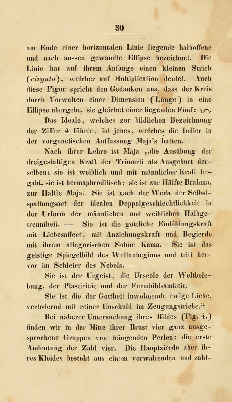 am Ende einer horizontalen Linie liegende halboffene und nach aussen gewandte Ellipse bezeichnet. Die Linie hat auf ihrem Anfange einen kleinen Strich (virffula)^ welcher auf Miiltiplication deutet. Auch diese Figur spricht den Gedanken aus, dass der Kreis durch Vorwalten einer Dimension (Länge) in eine Ellipse übergeht, sie gleichet einer liegenden Fünf: \r\. Das Ideale, welches zur bildlichen Bezeichnung der Ziffer 4 führte, ist jenes, welches die Indier in der vorgenetischen Auffassung Maja's hatten. Nach ihrer Lehre ist Maja „die Ausübung der dreigestaltigen Kraft der Trimurti als Ausgeburt der- selben 5 sie ist weiblich und mit männlicher Kraft be- gabt, sie ist hermaphroditisch 5 sie ist zur Hälfte Brahma, zur Hälfte Maja. Sie ist nach der Weda der Seibst- spaltungsact der idealen Doppelgeschlechtlichkeit in der Urform der männlichen und weiblichen Halbge- trenntheit. — Sie ist die göttliche Einbildungskraft mit Liebesaffect, mit Anziehungskraft und Begierde mit ihrem allegorischen Sohne Kama. Sie ist das geistige Spiegelbild des Weltanbeginns und tritt her- vor im Schleier des Nebels. — Sie ist der Urgeist, die Urseele der Weltbele- bung, der Plasticität und der Formbildsamkeit. Sie ist die der Gottheit inwohnende ewige Liebe, verlodernd mit reiner Unschuld im Zeugungstriebe. Bei näherer Untersuchung ihres Bildes (Fig. 4.) finden wir in der Mitte ihrer Brust vier ganz ausge- sprochene Gruppen von hängenden Perlen: die erste Andeutung der Zahl vier. Die Hauptzierde aber ih- res Kleides besteht aus einem vorwaltenden und zahl-
