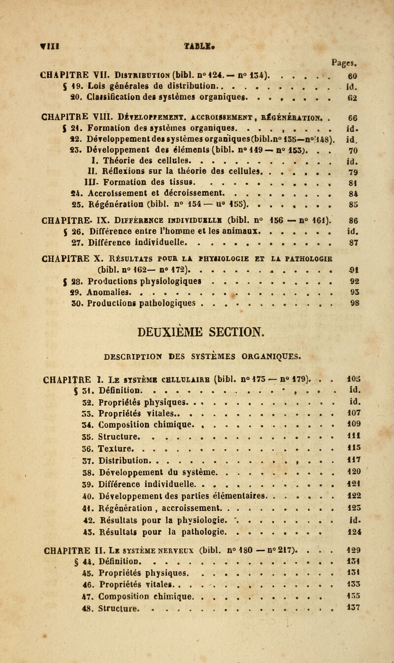 ▼m TABLE» Pages. CHAPITRE VU. Distribution (bibl. n° 124.—n» 134). ..... 60 S 19. Lois générales de distribution Id. SO. Claisifîcation des systèmes organiques. ....... 62 CHAPITRE VIII. DÉTELOPrEMEITT. ÀCCR0IS8EMEKT, RÉGÉNÉRATION. . 66 S 21. Formation des systèmes organiques. ........ id* 92. DéTeloppement des systèmes organiques(bibl.n° 135—no'148). id. S3. Développement des éléments^bibl. noi49—n<>lS3;. . . 70 I. Théorie des cellules jd. II. Réflexions sur la théorie des cellules . 79 IIJ- Formation des tissus , 81 24. Accroissement et décroissement 84 25. Régénération (bibl. n° 154—u» 155) . 85 CHAPITRE. IX. Différence indiyidukllk (bibl. n» 156 — n° 161). 86 $ 26. Différence entre Thomme et les animaux. id. 27. Différence individuelle. 87 CHAPITRE X. RÉSULTATS pour là physiologie ex la pathologie (bibl. n° 162—n» 172) «1 S 28. Productions physiologiques 92 29. Anomalies 93 30. Productions pathologiques 98 DEUXIÈME SECTION. DESGRIPTIOIf DES SYSTEMES ORGANIQUES. CHAPITRE I. Le système cblluiairb (bibl. n<» 175 — n« 179). . . 105 s 31. Définition. ....*,.. . id. 32. Propriétés physiques . id. 53. Propriétés Titales 107 34. Composition chimique. « 109 35. Structure Hi 36. Texture lis 37. Distribution ^ . , . . . 117 38. DéTeloppement du système. 120 39. Différence individuelle 121 40. Développement des parties élémentaires 122 41. Régénération, accroissement 125 42. Résultais pour la physiologie. * id. 45. Résultats pour la pathologie 124 CHAPITRE II. Le système NERVEUX (bibl. n° 180 — n°217). ... 129 § 44. Définition 131 45. Propriétés physiques 131 46. Propriétés vitales. 133 47. Composition chimique. . l-'îS 48. Structure 137
