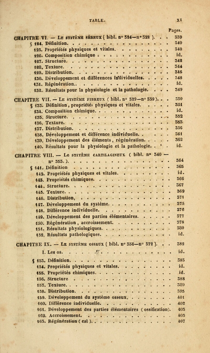 Pages. CHAPITRE VL — Le systèmr SBftKîix( bibi. n» 524—n» 528 ). . . 539 § 124. Définition 540 125. Propriétés physiques et vitales 340 126. Composition chimique id. 427. Structure 542 128. Texture 544 429. Distribution. 34S 130. Développement et différences îtfdividuelles 548 431. Régénération Id. 152.. Résultats pour la physiologie et la pathologie. . . . 549 CHAPITRE VIT. — Le système fibreux ( bibl. n» 329—n» 339 ). . . 550 § 133. Définition, propriétés physiques et vitales 3S1 134. Composition chimique id. 135. Structure 352 136. Texture S55 137. Distribution. 356 458. Développement et différence individuelle 361 159. Développement des éléments, régénération 562 140. Résultats pour la physiologie et la pathologie. . * . id. CHAPITRE VIII. — Le système cartilagineux ( bibl. n» 340 — n» 353. ) 364 S 141. Définition 565 442. Propriétés physiques et vitales id. 443. Propriétés chimiques 366 444. Structure , - . . . . 567 445. Texture 369 146. Distribution, 371 447. Développement du système 57S 448. Différence individuelle « . . 376 149. Développement des parties élémentaires 377 loO. Régénération , accroissement 378 151. Résultats physiologiques 380 452. Résultats pathologiques id. CHAPITRE IX. — Le système osseux ( bibl. n» 354—n° 372 ). . . 382 1. Les os S id. § 153. Définition 583 154. Propriétés physiques et vitales id. 455. Propriétés chimiques id. 156. Structure , 588 157. Texture . 389 158. Distribution 595 159. Développement du système osseux 401 160. Différence individuelle 402 161. Développement des parties élémentaires (ossification). 405 162. Accroissement 405 163. Régénération ( cal ) 407