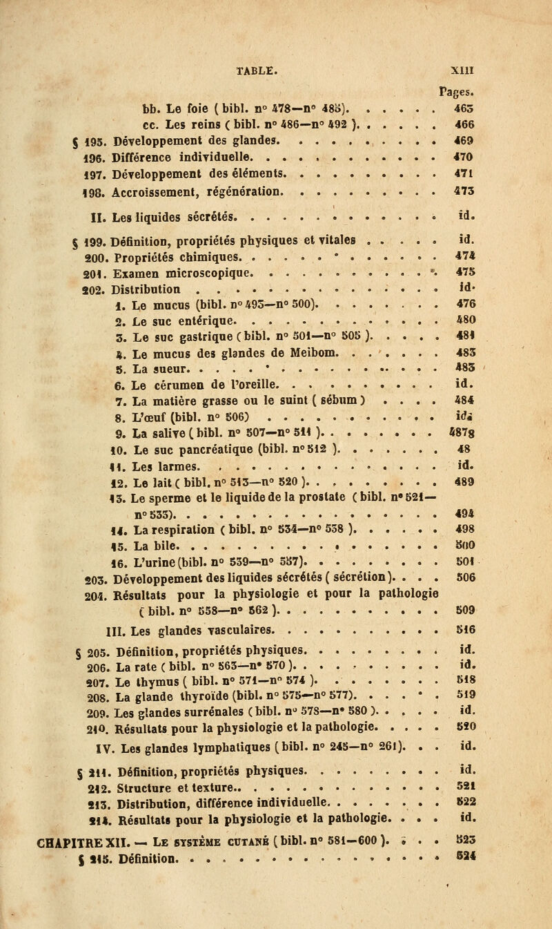 Pages. bb. Le foie ( bibl. n° iTS-n 48o) 465 ce. Les reins ( bibl. n» 486—n» 492 ) 466 $ 195. Développement des glandes 469 196. Différence indiTiduelle 470 197. Déyeloppement des éléments 471 198. Accroissement, régénération 473 IL Les liquides sécrétés • îd. § 199. Définition, propriétés physiques et vitales id. 200. Propriétés chimiques. * 474 201. Examen microscopique '. 475 202. Distribution id* 1. Le mucus (bibl. D» 495—n» 500) 476 2. Le suc entérique 480 3. Le suc gastrique ( bibl. n° 501—n» 505 ) 481 4. Le mucus des glandes de Meibom 485 6. La sueur • *85 6. Le cérumen de l'oreille id. 7. La matière grasse ou le suint ( sébum ) .... 484 8. L'œuf (bibl. n» 606) idi 9. La salive ( bibl. n» 507—n° 511 ) «878 10. Le suc pancréatique (bibl. n» 512 ) 48 11. Les larmes id. 12. Le lait ( bibl. n° 513—n<> 520 ) 489 43. Le sperme et le liquide de la prostate ( bibl. n» 521— n°535) 494 14. La respiration ( bibl. n» 534—m 558 ) 498 45. La bile 8(l0 16. L'urine (bibl. n» 539—n» 3S7) 501 S03. Développement des liquides sécrétés ( sécrétion). . . . 506 204. Résultats pour la physiologie et pour la pathologie C bibl. n° 558—n» 862 ) 509 III. Les glandes vasculaires 516 § 205. Définition, propriétés physiques id. 206. La rate ( bibl. n» 563—n» 570 ). . . . id. 207. Le thymus ( bibl. n» 571—n 574 ) 518 208. La glande thyroïde (bibl. n° 575—n 577). . . . • . 519 209. Les glandes surrénales (bibl. n*» 578—n» 580 ) id. 2|0. Résultats pour la physiologie et la pathologie 5î0 IV. Les glandes lymphatiques (bibl. n» 245—n° 261). . . id. 5 2H. Définition, propriétés physiques id. 212. Structure et texture 521 213. Distribution, différence individuelle . 522 214. Résultats pour la physiologie et la pathologie. ... id, CHAPITREXII.—Le SYSTÈME CUTANÉ (bibl. n« 581—600). • . . S23 S 215. Définition 524