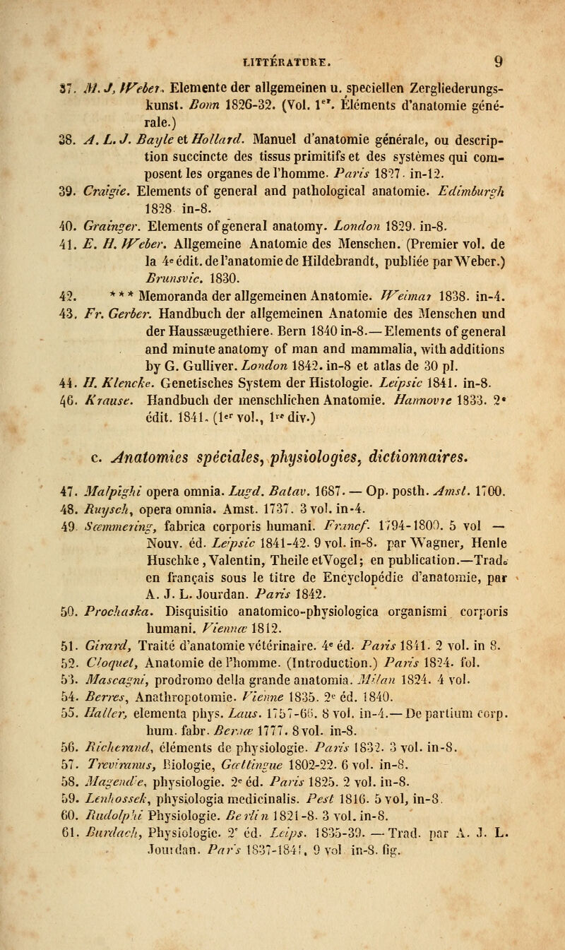 37. M.J, fVebeî. Elémente der allgemeinen u. speciellen Zerglîederungs- kunst. Bonn 1826-32. (Vol. T'. Éléments d'anatomie géné- rale.) 38. A. L. J. Bayle et Hollard. Manuel d'anatomie générale, ou descrip- tion succincte des tissus primitifs et des systèmes qui com- posent les organes de l'homme. Paris 18'^7. in-12. 39. Craigîe. Eléments of gênerai and pathological anatomie. Edimburgh 1828. in-8. 40. Grainger. Eléments of gênerai anatomy. London 1829. in-8. 41. E. H. JVeher. Allgemeine Anatomie des Menschen. (Premier vol. de la 4=édit.deranatomiedeHildebrandt, publiée par Weber.) Erunsvic. 1830. 42. *** Memoranda der allgemeinen Anatomie. TVeimai 1838. in-4. 43. Fr. Gerber. Handbuch der allgemeinen Anatomie des Menschen und der Haussaeugethiere. Bern 1840 in-8.— Eléments of gênerai and minute anatomy of man and mammalia, with additions by G. Gulliver. London 1842. in-8 et atlas de 30 pi. 44. H. Klencke. Genetisches System der Histologie. Leipsic 1841. in-8. 46. Krause. Handbuch der menschlichen Anatomie. ffannoine \SZd. 2* cdit. 184L (l^'-vol., ldiv.) c. Anatomies spéciales^ physioîogies, dictionnaires. Al. 31alpîghi opéra omnia. Lugd. Balav. 1687. — Op. posth. Amst. 1700. 48. Ruysch^ opéra omnia. Amst. 1737. 3 vol. in-4. 49 Sœmmering, fabrica corporis humani. Francf- 1794-1800. 5 vol — NouY. éd. Z«?'/?j/c 1841-42. 9 vol. in-8. par Wagner, Henle Huscbke, Valentin, TheileetVogel; en publication.—Tradc en français sous le titre de Encyclopédie d'anatomie, par A. J. L. Jourdan. Paris 1842. 50. Prochaska. Disquisitio anatomico-physiologica organismi corporis humani. Fiennœ 1812. 51. Girard, Traité d'anatomie vétérinaire. 4^ éd. Paris 1841. 2 vol. in 8. 52. Cloquel, Anatomie de l'homme. (Introduction.) Paris 18-24. fol. 53. Mascagni, prodromo délia grande anatoraia. Jf//«« 1824. 4 vol. 54. Berres^ Anathropotomie. Vienne 1835. 2^ éd. 1840. 55. Haller, éléments phys. Laus. 1757-66. 8 vol. in-4.— Departium eorp. hum. fabr. Ber.ue 1777. 8 vol. in-8. 56. Riclierand, cléments de physiologie. Paris 1832. 3 vol. in-8. 57. Trevimnus, IMologie, Gccttinme 1802-22. 6 vol. in-8. 58. Magend'e, physiologie. 2^ éd. Paris 1825. 2 vol. in-8. 59. LenJiossek, physiologia medicinalis. Pest 1816. 5 vol, in-8. 60. Budolphi Physiologie. Berlin 1821-8. 3 vol.in-8. 61. Bnrdacli, Physiologie. 2' éd. Lcips. 1835-39. — Trad. par A. .1. L. Jourdan. Pars 1837-Î84Î. 9 vol in-S. iig.