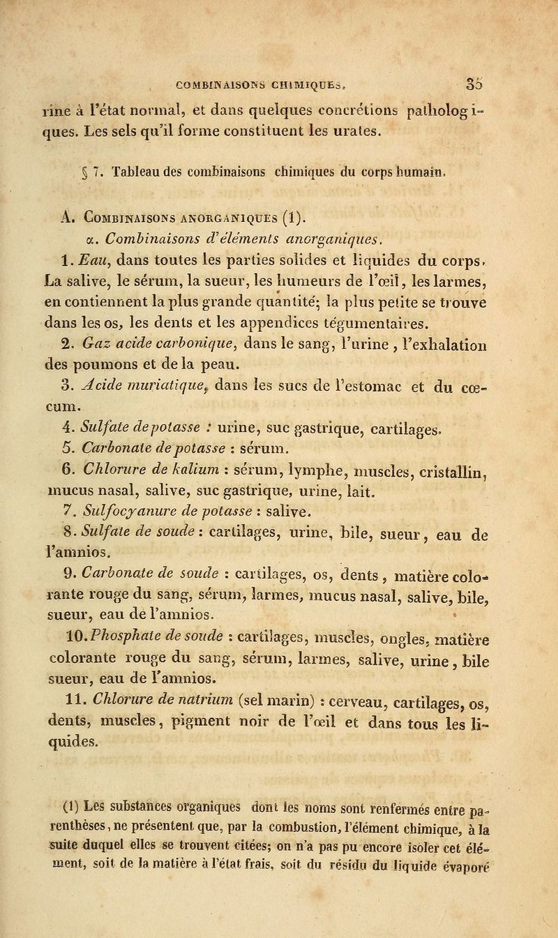 line à l'état normal, et dans quelques concrétions palliolog i- ques. Les sels qu'il forme constituent les urates. § 7. Tableau des combinaisons chimiques du corps humain, A. Combinaisons anorganiques (1). a. Combinaisons d'éléments anorganiques. 1. Eau, dans toutes les parties solides et liquides du corps. La salive, le sérum, la sueur, les humeurs de l'œil, les larmes, en contiennent la plus grande quantité'; la plus petite se trouve dans les os, les dents et les appendices tégumentaires. 2. Gaz acide carbonique, dans le sang, l'urine , l'exhalation des poumons et de la peau. 3. Acide niuriatique^ dans les sucs de l'estomac et du cœ- cum, 4. Sulfate de potasse : urine, suc gastrique, cartilages. 5. Carbonate de potasse i sérum. 6. Chlorure de kalium : sérum, lymphe, muscles, cristaUin, mucus nasal, salive, suc gastrique, urine, lait. 7. Sulfocj-anure de potasse : salive. ^. Sulfate de soude : cartilages, urine, bile, sueur, eau de l'amnios. 9. Carbonate de soude : cartilages, os, dents, matière coïo-* rante rouge du sang, sérum^ larmes, mucus nasal, salive, bile, sueur, eau de l'amnios. lO.Phosphate de soude : cartilages, muscles, ongles, matière colorante rouge du sang, sérum, larmes, salive, urine, bile sueur, eau de l'amnios. 11. Chlorure de natrium (sel marin) : cerveau, cartilages, os dents, muscles, pigment noir de l'œil et dans tous les li- quides. (1) Les substances organiques dont les noms sont renfermés entre pa- renthèses , ne présentent que, par la combustion, l'élément chimique, à la suite duquel elles se trouvent citées; on n'a pas pu encore isoler cet élé- ment, soit de lam.atière à l'état frais, soit du résidu du liquide évaporé
