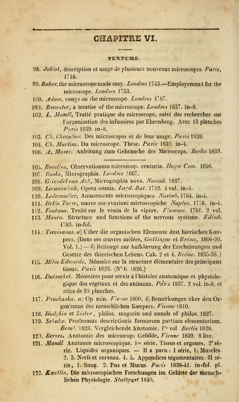 C 98. Joblot, description et usage de plusieurs nouveaux microscopes. Paris^ 1718. ©9.Baker,i\szmicroscopemade easy. Londres 1743.—Empîoyement for the microscope. Londres 1753. iCO. Adam, essays on ihe microscope. Londres 1787. ÎOI. Brewster, a treatisc of the microscope. Londres 1837. in-8. 102. L. Jlandl, Traité pratique du microscope, suivi des recherches sur lorganisation desinfusoires parEhrenberg. Avec 13 planches Paris 1839. in-8. 103. Ch, Chevalier. Des microscopes et de leur usage. Pans 1839. 104. Ch. Martins. Du microscope. Thèse. Paris 1839. in-4. 106. A. Moser. Anleitung zum Gebrauche des Microscops. Berlin 1839. ÏOô. Boyellus, Observationuni microscop. centuria. Hagœ Com. 1656. 107. liooke^ Micrngraphia. Londres t667. 108. GriendelvanAch, Micrograpbia nova. Nonmh. 1687. 109. Lemwenhœk, Opéra omnia. Liwd.Bal. 1722. 4 vol. in-4. 110. LedermiiUer, Amusements microscopiques. Norimh. 1764. in-4. 111. Del!a Torre^ nuove oss:^rvazioni microscopiche Naples. 1776. in-4. 112. Fontana. Traité sur le venin de la vipère. Florence. 1781. 2 vol. 113. Monro. Structure and functions of the nervous système. Edimb. 1783. in-fol. 114. Ti^viianus. a) Uiber die organischen Elemente dest hierischen Kœr- pers. (Dans ses œuvres mêlées, Gœltinsne et Brème, 1806-20. Vol. 1.) — h) Beitrœge zur ÂuPÂlaerung der Erscheinungen und Gesetze des thierischen Lebens. Cah. 2 et 4. Brème. 1835-38.) Î15. Milne Edwards. Mémoire sur la structure élémentaire des principaux tissus. Pans 1823. (N°6. 1826.) 116. Dutrochet. Mémoires pour servir à Thistoire anatomique et physiolo- gique des végétaux et des animaux. Pars 1837. 2 vol. in-8. et atîos de 30 planches. 117. Prochaska. a) Op min. Vienne 1800, /5) Beme'rkungen iiber dcnOr- gan'smus des menschlichen Kœrpers. Vienne 1810. 118. Hod£:kin et Lisltr, philos, magazin and annals of philos. 1827. 119. Sckulie. Prodromus descriptionis formarum partium elementarium. Bero'. 1828. Yergleirhende Anatomie. T''vol Berlin \S28. 120. Berres, Analomie des microscop. Gebilde* Vienne 1839. 8 livr. 121. Mandl Anatomie microscopique, be série. Tissus et organes. 2''sé- rie. Liquides organiques. — Il a paru: I série, 1. Muscles- 3. 3. Nerfs et cerveau. 4. 5. Appendices tégumentaires. II sé- rie, 1. Sang. 2. Pus et Mucus- Paris 1838-41. in-fol. pi. 122. Rcestlhu Die microscopischen Forschungen im Gebiete der meiisch- lichén Physiologie. Stutt^,arl 1840,