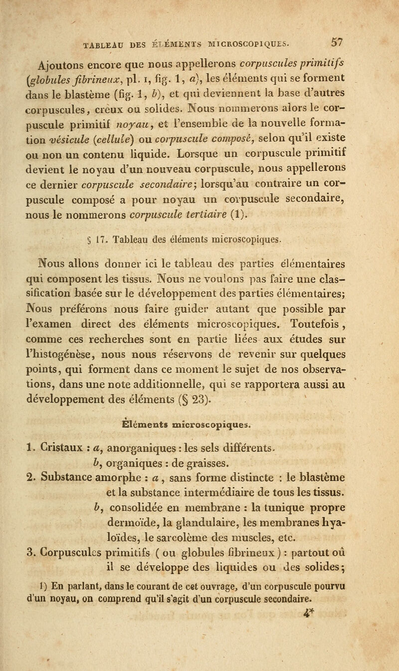 Ajoutons encore que nous appellerons corpuscules primitifs {globules fibrineux, pi. i, fig. 1, «), les éléments qui se forment dans le blastème (fig. 1, ^), et qui deviennent la base d'autres corpuscules, creux ou solides. Nous noinmerons alors le cor- puscule primitif noyau, et l'ensemble de la nouvelle forma- tion vésicule {cellule) ou corpuscule composé, selon qu il existe ou non un contenu liquide. Lorsque un corpuscule primitif devient le noyau d'un nouveau corpuscule, nous appellerons ce dernier corpuscule secondaire-, lorsqu'au contraire un cor- puscule composé a pour noyau un corpuscule secondaire, nous le nommerons corpuscule tertiaire (1). § 17. Tableau des éléments microscopiques. Nous allons donner ici le tableau des parties élémentaires qui composent les tissus. Nous ne voulons pas faire une clas- sification basée sur le développement des parties élémentaires; Nous préférons nous faire guider autant que possible par Fexamen direct des éléments microscopiques. Toutefois, comme ces recherches sont en partie liées aux études sur l'histogenèse, nous nous réservons de revenir sur quelques points, qui forment dans ce moment le sujet de nos observa- tions, dans une note additionnelle, qui se rapportera aussi au développement des éléments (§ 23). Eléments microscopiques. 1. Cristaux : «, anorganiques : les sels différents. &, organiques : de graisses. 2. Substance amorphe : a , sans forme distincte : le blastème et la substance intermédiaire de tous les tissus. h, consolidée en membrane : la tunique propre dermoïde, la glandulaire, les membranes hya- loïdes, le sarcolème des muscles, etc. 3. Corpuscules primitifs ( ou globules fîbrineox ) : partout où il se développe des liquides ou des solides ^ 1) En parlant, dans le courant de cet ouvrage, d'un corpuscule pourvu d'un noyau, on comprend qu'il s'agit d'un corpuscule secondaire. 4^