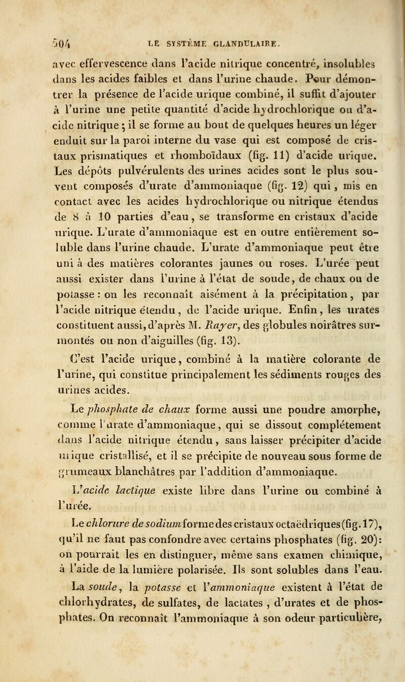 avec effervescence clans Tacide nitrique concentré, insolubles dans les acides faibles et dans l'urine chaude. Pour démon- trer la présence de l'acide urique combiné, il sufHt d'ajouter à l'urine une petite quantité d'acide lijdrochlorique ou d'a- cide nitrique ; il se forme au bout de quelques heures un léger enduit sur la paroi interne du vase qui est composé de cris- taux prismatiques et rhomboïdaux (fig. 11) d'acide urique. Les dépôts pulvérulents des urines acides sont le plus sou- vent composés d'urate d'ammoniaque (fig. 12) qui, mis en contact avec les acides hydrochlorique ou nitrique étendus de 8 à 10 parties d'eau, se transforme en cristaux d'acide urique. L'urate d'ammoniaque est en outre entièrement so- lubie dans l'urine chaude. L'urate d'ammoniaque peut être uni à des matières colorantes jaunes ou roses. L'urée peut aussi exister dans l'urine à l'élat de soude, de chaux ou de potasse : on les reconnaît aisément à la précipitation, par l'acide nitrique étendu, de l'acide urique. Enfin, les urates constituent aussi, d'après M. Raj'er, des globules noirâtres sur- montés ou non d'aiguilles (fig. 13). C'est l'acide urique, combiné à la matière colorante de l'urine, qui constitue principalement les sédiments rouges des urines acides. Le phosphate de chaux forme aussi une poudre amorphe, comme Vurate d'ammoniaque, qui se dissout complètement dans l'acide nitrique étendu, sans laisser précipiter d'acide urique cristallisé, et il se précipite de nouveau sous forme de grumeaux blanchâtres par l'addition d'ammoniaque. Y/acide lactique existe libre dans l'urine ou combiné à 11 r uree. Le chlorure de sodium forme des cristaux octaëdriques(fig.l7), qu'il ne faut pas confondre avec certains phosphates (fig. 20): on pourrait les en distinguer, même sans examen chimique, à l'aide de la lumière polarisée. Ils sont solubles dans l'eau. ha. soude ^ la potasse et Vammoniaque existent à l'état de chlorhydrates, de sulfates, de lacLates , d'urates et de phos- phates. On reconnaît l'ammoniaque à son odeur particulière,