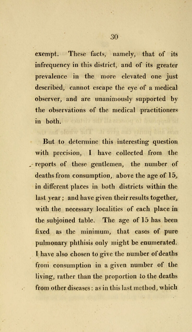 exempt. These facts, namely, that of its infrequency in this district, and of its greater prevalence in the more elevated one just described, cannot escape the eye of a medical observer, and are unanimously supported by the observations of the medical practitioners in both. But to determine this interesting question with precision, I have collected from the reports of these gentlemen, the number of deaths from consumption, above the age of 15, in different places in both districts within the last year; and have given their results together, with the necessary localities of each place in the subjoined table. The age of 15 has been fixed as the minimum, that cases of pure pulmonary phthisis only might be enumerated. I have also chosen to give the number of deaths from consumption in a given number of the living, rather than the proportion to the deaths from other diseases: as in this last method, which