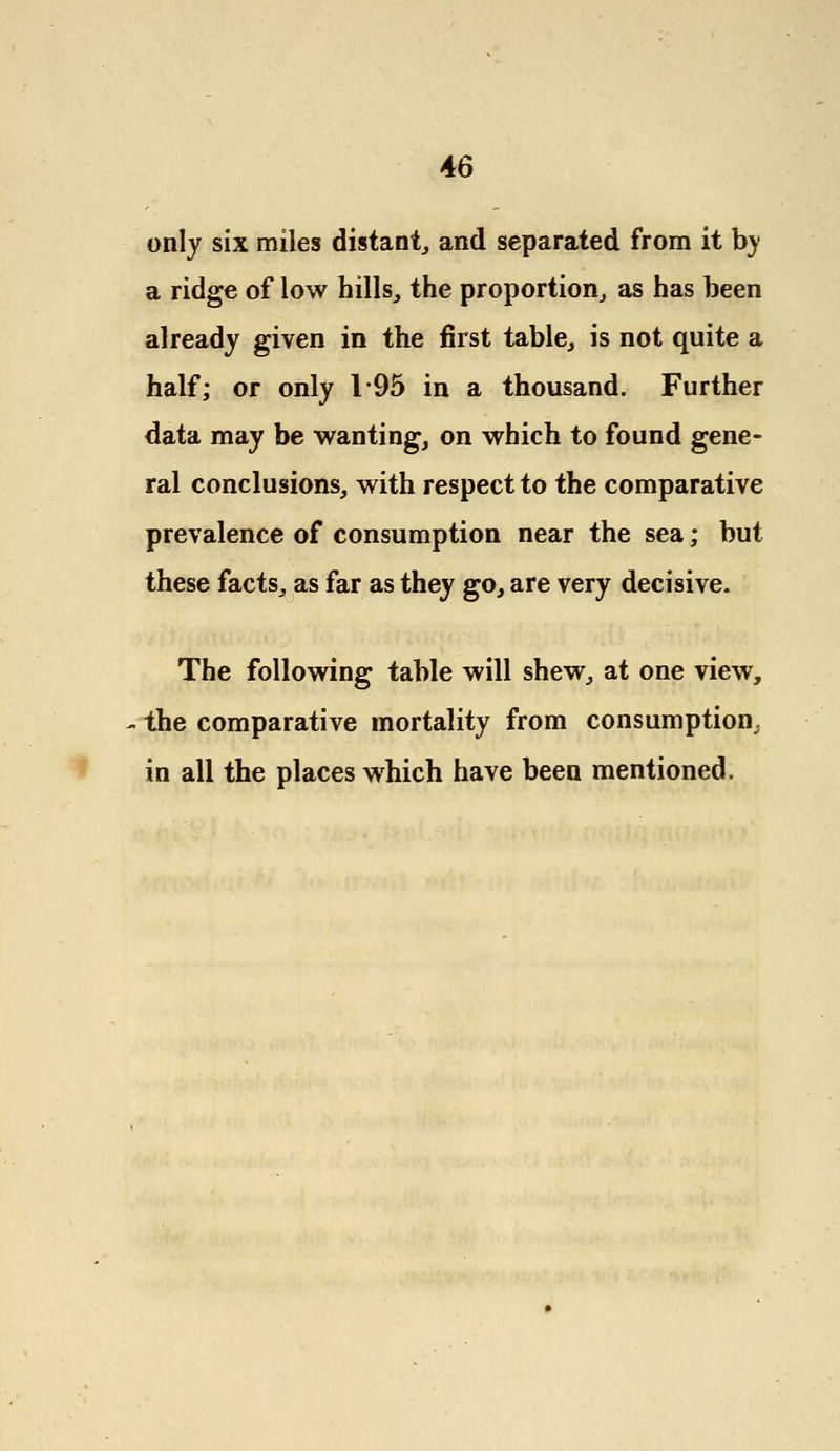 only six miles distant, and separated from it by a ridge of low hills, the proportion, as has been already given in the first table, is not quite a half; or only 195 in a thousand. Further data may be wanting, on which to found gene- ral conclusions, with respect to the comparative prevalence of consumption near the sea; but these facts, as far as they go, are very decisive. The following table will shew, at one view, the comparative mortality from consumption, in all the places which have been mentioned.