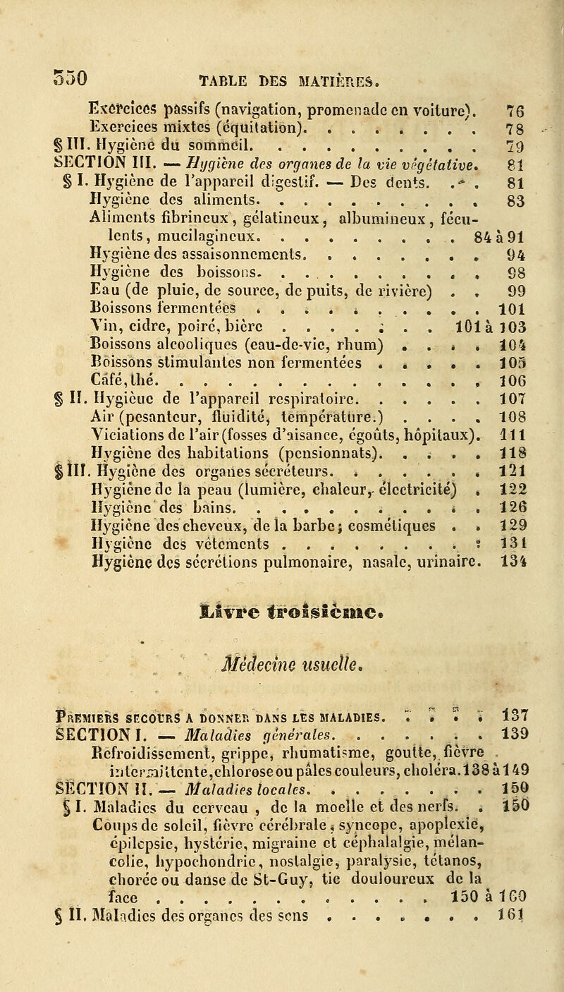 Exercices passifs (navigation, promenade en voiture). 76 Exercices mixtes (équitation) '. 78 § ITT. Hygiène du sommeil. 79 SECTION III. — Hygiène des organes de la vie végétative» 81 §1. Hygiène de l'appareil digestif. — Des dents. .* . 81 Hygiène des aliments 83 Aliments fibrincux, gélatineux, albumineux, fécu- lents, mucilagincux. 84 à 91 Hygiène des assaisonnements 94 Hygiène des boissons. 98 Eau (de pluie, de source, de puits, de rivière) . , 99 Boissons îermentées .......... 101 Yin, cidre, poiré, bière ....;.. 101 à 103 Boissons alcooliques (eau-de-vic, rhum) . . . . 104 Boissons stimulantes non fermentées ..... 105 Café, thé 106 % IT. Hygièuc de l'appareil respiratoire 107 Air (pesanteur, fluidité, température.) .... 108 Viciations de l'air (fosses d'aisance, égoûts, hôpitaux). 111 Hygiène des habitations (pensionnats). . . . . 118 $ÎIT. Hygiène des organes sécréteurs. . . . . . * 121 Hygiène de la peau (lumière, chaleur,- électricité) , 122 Hygiène des bains . 126 Hygiène des cheveux, delà barbe j cosmétiques . . 129 Hygiène des vêtements . . ? 131 Hygiène des sécrétions pulmonaire, nasale, urinairc. 134 liiwe troisième* Médecine usuelle. Premiers secours a donner dans les maladies. . « 'l '% 137 SECTION I. — Maladies générales. . . : . % . 139 Refroidissement, grippe, rhumatisme, goutte, fièvre irjlcriaittcnte,chloroseou pâles couleurs, choléra.138 a 149 SECTION I!.— Maladies locales. ........ 150 §1. Maladies du cerveau , de la moelle et des nerfs. . 150 Coups de soleil, fièvre cérébrale $ syncope, apoplexie, cpilcpsic, hystérie, migraine et céphalalgie, mélan- colie, hypochondric, nostalgie, paralysie, tétanos, chorécou danse de St-Guy, tic douloureux delà face 150 à 1 GO § ÎI. Maladies des organes des sens 161