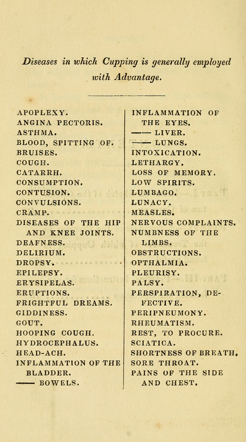 Diseases in which Cupping is generally employed with Advantage. APOPLEXY. ANGINA PECTORIS. ASTHMA. BLOOD, SPITTING OF. BRUISES. COUGH. CATARRH. CONSUMPTION. CONTUSION. CONVULSIONS. CRAMP. DISEASES OF THE HIP AND KNEE JOINTS. DEAFNESS. DELIRIUM. DROPSY* EPILEPSY. ERYSIPELAS. ERUPTIONS. FRIGHTFUL DREAMS. GIDDINESS. GOUT. HOOPING COUGH. HYDROCEPHALUS. HEAD-ACH. INFLAMMATION OF THE BLADDER. — BOWELS. INFLAMMATION OF THE EYES. LIVER. LUNGS. INTOXICATION. LETHARGY. LOSS OF MEMORY. LOW SPIRITS. LUMBAGO. LUNACY. MEASLES. NERVOUS COMPLAINTS. NUMBNESS OF THE LIMBS. OBSTRUCTIONS. OPTHALMIA. PLEURISY. PALSY. PERSPIRATION, DE- FECTIVE. PERIPNEUMONY. RHEUMATISM. REST, TO PROCURE. SCIATICA. SHORTNESS OF BREATH, SORE THROAT. PAINS OF THE SIDE AND CHEST.