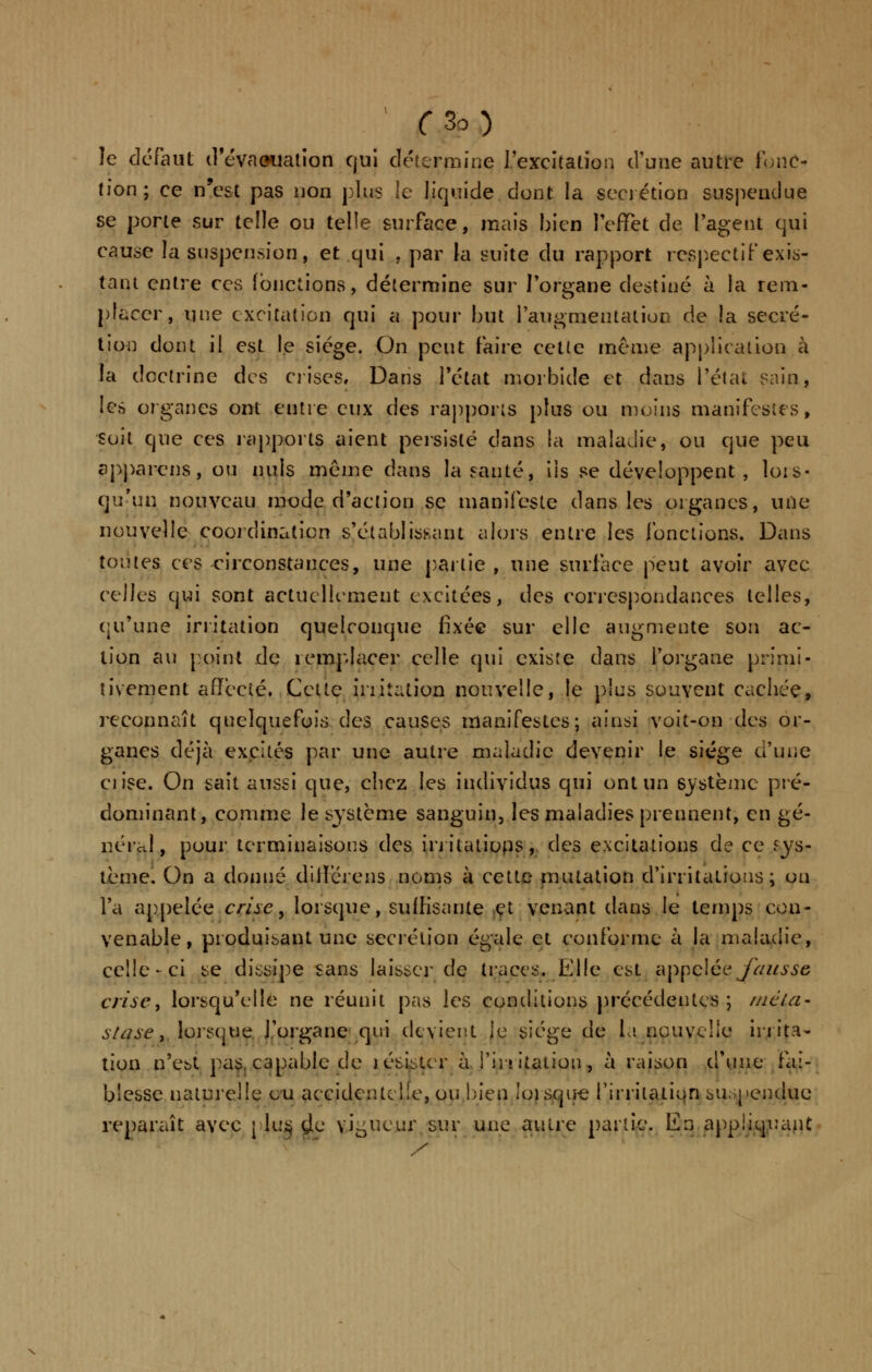 ' rso) le défaut il'évaouation Cjui détermine l'excitation d'une autre fonc- tion ; ce n'est pas non plus le liquide dont la sécrétion suspendue se porte sur telle ou telle surface, mais bien l'effet de l'agent qui cause la suspension, et qui , par la suite du rapport respectif exis- tant entre ces fonctions, détermine sur l'organe destiné à la rem- placer, une excitation qui a pour but l'augmentation de la sécré- tion dont il est le siège. On peut faire cette même application à la doctrine des crises. Dans l'état morbide et dans l'étal sain, les organes ont entre eux des rapports plus ou moins manifestes* soit que ces rapports aient persisté dans la maladie, ou que peu apparais, ou nuls même dans la santé, ils se développent, lois- qu'un nouveau mode d'action se manifeste dans les organes, une nouvelle coordination s'établissant alors entre les fonctions. Dans toutes ces circonstances, une partie , une surface peut avoir avec celles qui sont actuellement excitées, des correspondances telles, qu'une irritation quelconque fixée sur elle augmente son ac- tion au point de îemplacer celle qui existe dans l'organe primi- tivement affecté, Cette irritation nouvelle, le plus souvent cachée, reconnaît quelquefois des causes manifestes; ainsi voit-on des or- ganes déjà excités par une autre maladie devenir le siège d'une ciise. On sait aussi que, chez les individus qui ont un système pré- dominant, comme le système sanguin, les maladies prennent, en gé- néral, pour terminaisons des irritatiops, des excitations de ce sys- tème. On a donné différons noms à cette mutation d'irritations; on l'a appelée crise, lorsque, suffisante et venant dans le temps cou- venable, produisant une sécrétion égale et conforme à la maladie, celle-ci se dissipe sans laisser de tracts. Elle est appelée fausse crise, lorsqu'elle ne réunit pas les conditions précédentes; mêla- .y/tf.ye, lorsque J'organe qui devient le siège de la nouvelle irrita- tion n'est pas, capable de lésistcr à fin italien, à raison d'une fai- blesse naturelle ou accidentelle, ou bien 'oisque l'irritation suspendue reparaît avec plus çje vigueur sur une autre partie. En appliquant /