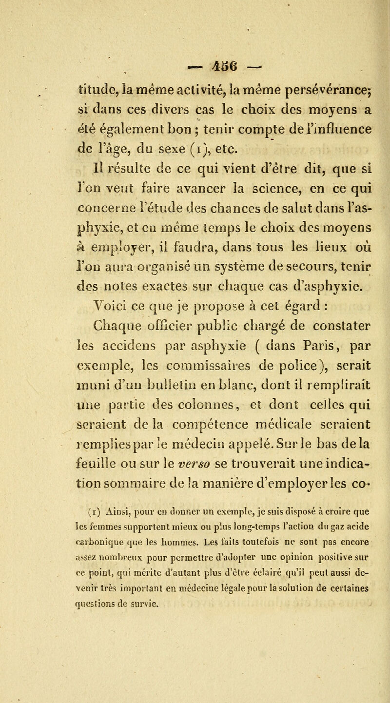 — 450 — titiKÎe, la même activité, la même persévérance; si dans ces divers cas le choix des moyens a été également bon ; tenir compte de l'influence de l'âge, du sexe (i), etc. Il résulte de ce qui vient d'être dit, que si Ton veut faire avancer la science, en ce qui concerne l'étude des chances de salut dans l'as- phyxie, et en même temps le choix des moyens à employer, il faudra, dans tous les lieux où l'on aura organisé un système de secours, tenir des notes exactes sur chaque cas d'asphyxie. Voici ce que je propose à cet égard : Chaque officier public chargé de constater les accidens par asphyxie ( dans Paris, par exemple, les commissaires de police), serait muni d'un bulletin en blanc, dont il remplirait une partie des colonnes, et dont celles qui seraient de la compétence médicale seraient remplies par le médecin appelé. Sur le bas delà feuille ou sur le verso se ti'ouverait une indica- tion sommaire de la manière d'employer les co- (i) Ainsi, pour eo donner un exemple, je suis disposé à croire que les femmes supportent mieux ou plus long-temps l'actioa du gaz acide carbonique que les liommes. Les fails toutefois ne sont pas encore assez nombreux pour permettre d'adopter une opinion positive sur ce point, qui mérite d'autant plus d'être éclairé qu'il peut aussi de- \enirtrès imporlant en médecine légale pour la solution de certaines questions de survie.