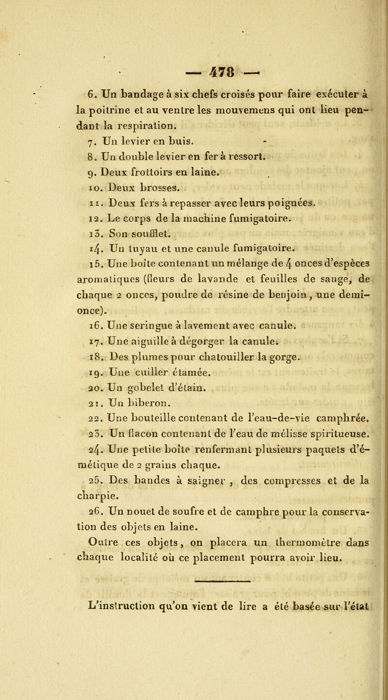 6. Un bandage à six chefs croisés pour faire exécuter à. la poitrine et au ventre les mouvemens qui ont lieu pen- dant la respiration. 7. Un levier en buis. 8. Un double levier en fer à ressort. 9. Deux frottoirs en laine» 10. Deux brosses. 11. Deux fers à repasser avec leurs poignées. 12. Le corps de la macbine fumigatoire. i3. Son soufflet. 14. Un tuyau et une canule fumigatoire. i5. Une boîte contenant un mélange de 4 Oî^t^es d'espèces aromatiques (fleurs de lavande et feuilles de sauge, de chaque 2 onces, poudre de résine de benjoin, une demi- once). 16. Une seringue à lavement avec canule. 17. Une aiguille à dégorger la canule. î8. Des plumes pour chatouiller la gorge. 19. Une cuiller étamée. 30. Un gobelet d'élain. 21. Un biberon. 22. Une bouteille contenant de Feau-de-vie camphrée. 23. Un flacon contenant de l'eau de mélisse spiritueuse. 24. Une petite boîte renfermant plusieurs paquets d'é- métique de 2 grains chaque. 25. Des bandes à saigner , des compresses et de la charpie. 26. Un nouet de soufre et de camphre pour la conserva- tion des objets en laine. Outre ces objets, on placera un thermomètre dans chaque localité oii ce placement pourra avoir lieu. L'instruction qu'on vient de lire a été basée sur l'état