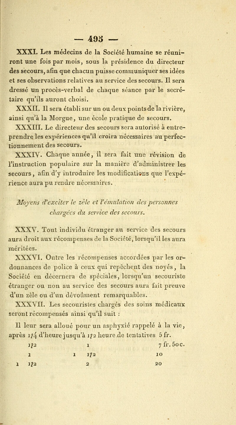 XXXI. Les médecins de la Société humaine se réuni- ront une fois par mois, sous la présidence du directeur des secours, afin que chacun puisse communiquer ses idées et ses observations relatives au service des secours. Il sera dressé un procès-verbal de chaque séance par le secré- taire qu'ils auront choisi. XXXII. Il sera établi sur un ou deux points de la rivière, ainsi qu^à la Morgue, une école pratique de secours. XXXIII. Le directeur des secours sera autorisé à entre- prendre les expériences qu'il croira nécessaires au perfec- tionnement des secours. XXXiy. Chaque année, il sera fait une révision de l'instruction populaire sur la manière d'administrer les secours, afin d'y introduire les modifications que l'expé- rience aura pu rendre nécessaires. . Moyens d'exciter le zèle et Vémulation des personnes chargées du service des secours. XXXV. Tout individu étranger au service des secours aura droit aux récompenses de la Société, lorsqu'il les aura méritées. XXXyi. Outre les récompenses accordées par les or- donnances de police à ceux qui repêchent des noyés, la Société en décernera de spéciales, lorsqu'un secouriste étranger ou non au service des secours aura fait preuve d'un zèle ou d'un dévoûment remarquables. XXXyiI. Les secouristes chargés des soins médicaux seront récompensés ainsi qu'il suit : Il leur sera alloué pour un asphyxié rappelé à la vie, après 1^4 d'heure jusqu'à i?2 heure.de tentatives 5 fr. ]p 1 7fr.5oc. 1 1 1?2 lO \ J22 2 20