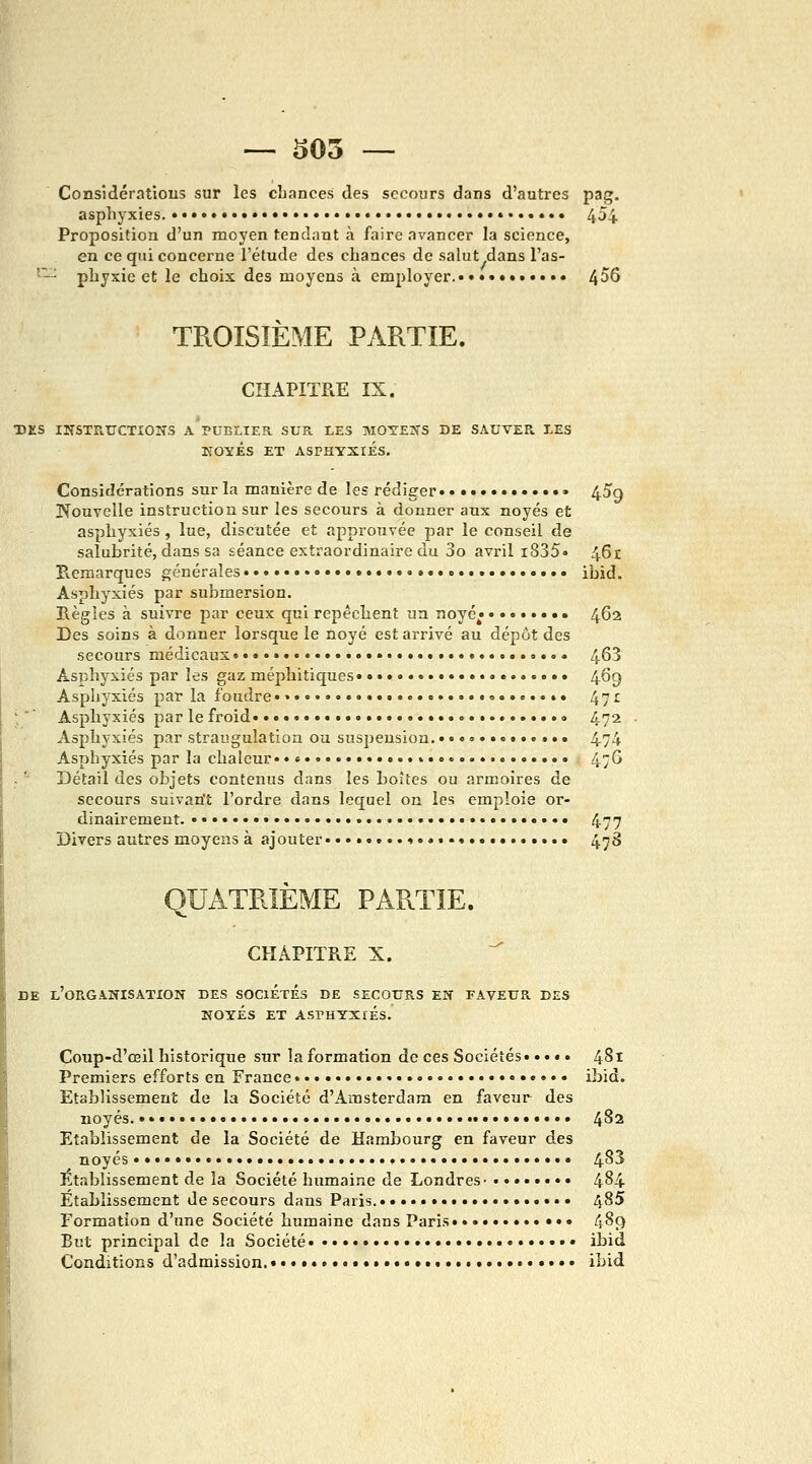 — S05 — Considératious sur les chances des secours dans d'autres pag. asphyxies. •• • • •#♦...... 454 Proposition d'un moyen tendant à faire avancer la science, en ce qui concerne l'étude des chances de salut dans l'as- ' pliyxie et le choix des moyens à employer. 4^6 TROISIEME PARTIE. CHAPITRE IX. DES INSTRUCTIONS A PUBLIER SUR LES MOYENS DE SAUVEP,. LES NOYÉS ET ASPHYXIÉS. Considérations sur la manière de les rédiger •• 459 Nouvelle instruction sur les secours à donner aux noyés et asphyxiés, lue, discutée et approuvée par le conseil de salubrité, dans sa séance extraordinaire du 3o avril i835» 461 Hemarques générales 0 ibjd. Asphyxiés par submersion. Règles à suivre par ceux qui repêchent un noyé^« 462 Des soins à donner lorsque le noyé est arrivé au dépôt des secours médicaux , 463 Asphyxiés par les gaz méphitiques • 469 Asphyxiés par la foudre • • •• 47- Asphyxiés par le froid •» 472 Asphyxiés par strangulation ou suspension. •••<>•• « 474 Asphyxiés par la chaleur • » •• 4;^ . ' Détail des objets contenus dans les boîtes ou armoires de secours suivarit l'ordre dans lequel on les emploie or- dinairement. • •• 477 Divers autres moyens à ajouter *............... 4^8 QUATRIÈME PARTIE. CHAPITRE X.  DE l'organisation DES SOCiÉtÉs DE SECOURS EN FAVEUR DES NOYÉS ET ASPHYXIÉS. Coup-d'ceil historique sur la formation de ces Sociétés». • « » 481 Premiers efforts en France ibid. Etablissement de la Société d'Amsterdam en faveur des noyés. •♦•• • • 482 Etablissement de la Société de Hambourg en faveur d.es noyés 48^ Etablissement de la Société humaine de Londres• • • • 4^4 Etablissement de secours dans Paris. • 4^5 Formation d'une Société humaine dans Paris. 489 But principal de la Société • ibid Conditions d'admission. •••• ibid