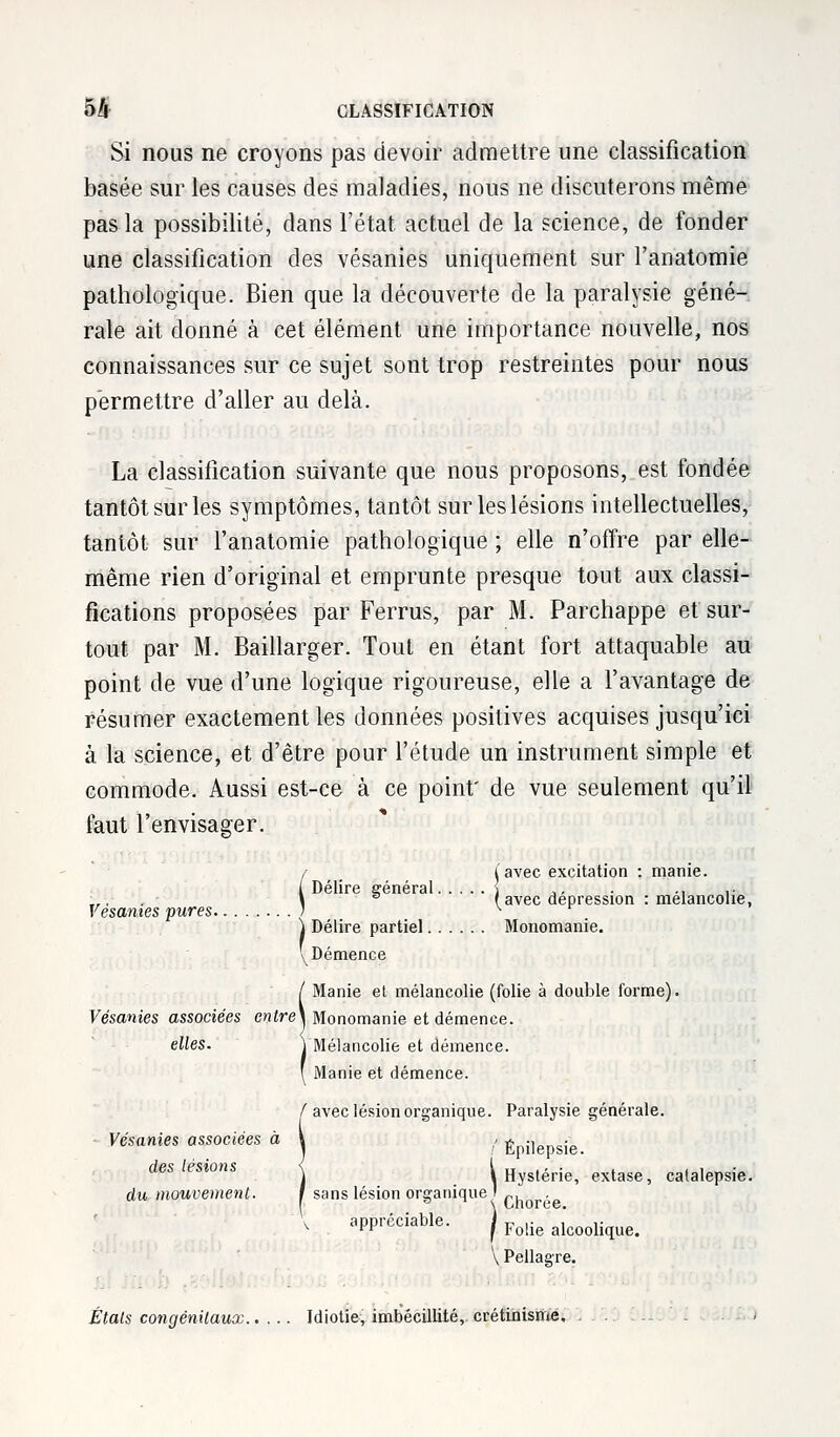 Si nous ne croyons pas devoir admettre une classification basée sur les causes des maladies, nous ne discuterons même pas la possibilité, dans l'état actuel de la science, de fonder une classification des vésanies uniquement sur l'anatomie pathologique. Bien que la découverte de la paralysie géné- rale ait donné à cet élément une importance nouvelle, nos connaissances sur ce sujet sont trop restreintes pour nous permettre d'aller au delà. La classification suivante que nous proposons, est fondée tantôt sur les symptômes, tantôt sur les lésions intellectuelles, tantôt sur l'anatomie pathologique ; elle n'offre par elle- même rien d'original et emprunte presque tout aux classi- fications proposées par Ferrus, par M. Parchappe et sur- tout par M. Baillarger. Tout en étant fort attaquable au point de vue d'une logique rigoureuse, elle a l'avantage de résumer exactement les données positives acquises jusqu'ici à la science, et d'être pour l'étude un instrument simple et commode. Aussi est-ce à ce point' de vue seulement qu'il faut l'envisager. Vésanies pures. i (avec excitation : manie. ( Délire srénéral \ ., . ., ,■ \ ^avec dépression : mélancolie, \ Délire partiel Monomanie. '^Démence / Manie et mélancolie (folie à double forme). Vésanies associées entre} Monomanie et démence. elles. ^Mélancolie et démence. [ Manie et démence. ( avec lésion organique. Paralysie générale. Vésanies assoeMes à j / Épilepsie. des lésions \ ^Hystérie, extase, catalepsie. du mouvement. J sans lésion organique J _,. . , appréciable. j f^'^^ V Pellagre. Étals congénitaux Idiotie, imbécillité,, crétinisme, ...