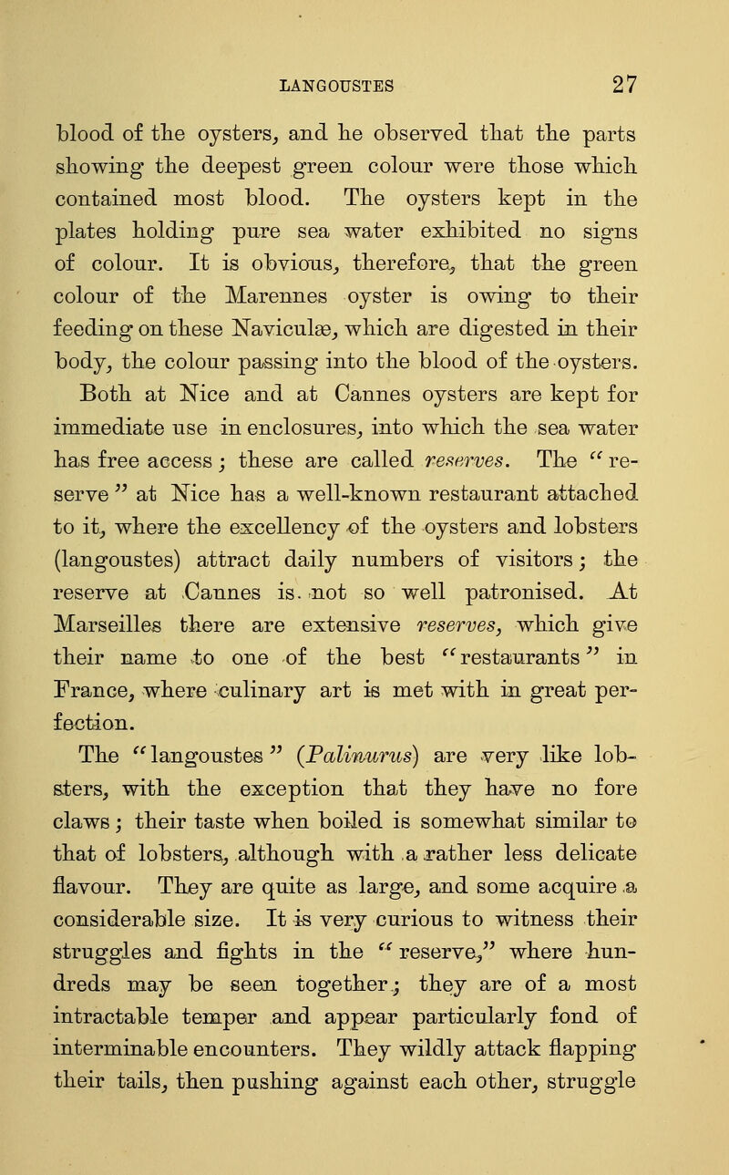 blood of the oysters^ and lie observed tbat tbe parts sliowing tlie deepest green colour were tbose wbich contained most blood. Tbe oysters kept in tlie plates holding pure sea water exhibited no signs of colour. It is obvious,, tberefcre^ that the green colour of the Marennes oyster is owing to their feeding on these Naviculae^ which are digested in their body^ the colour passing into the blood of the oysters. Both at Nice and at Cannes oysters are kept for immediate use in enclosures^ into which the sea water has free access ; these are called res^erves. The  re- serve  at Nice has a well-known restaurant attached to itj where the excellency of the oysters and lobsters (langoustes) attract daily numbers of visitors; the reserve at Cannes is. not so well patronised. At Marseilles there are extensive reserves, which give their name -to one of the best  restaurants ^^ in France, where culinary art is met with in great per- fection. The  langoustes  (Palinurus) are very like lob- sters, with the exception that they have no fore claws; their taste when boiled is somewhat similar to that of lobsters, although with a rather less delicate flavour. They are quite as large, and some acquire a considerable size. It is very curious to witness their struggles and fights in the  reserve, where hun- dreds may be seen together; they are of a most intractable temper and appear particularly fond of interminable encounters. They wildly attack flapping their tails, then pushing against each other, struggle