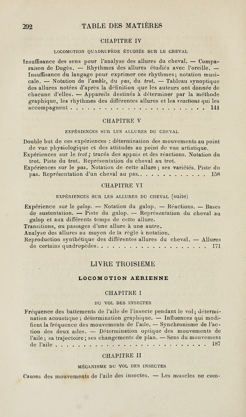 CHAPITRE IV LOCOMOTION QUADRUPÈDE ÉTUDIÉE SUR LE CHEVAL Insuffisance des sens pour l'analyse des allures du cheval. — Compa- raison de Dugès. — Rhythmes des allures étudiés avec l'oreille. — Insuffisance du langage pour exprimer ces rhythmes; notation musi- cale. — Notation de Vamble, du pas, du trot. — Tableau synoptique des allures notées d'après la définition que les auteurs ont donnée de chacune d'elles. — Appareils destinés à déterminer par la méthode graphique, les rhythmes des différentes allures et les réactions qui les accompagnent 144 CHAPITRE V EXPÉRIENCES SUR LES ALLURES DU CHEVAL Double but de ces expériences : détermination des mouvements au point de vue physiologique et des attitudes au point de vue artistique. Expériences sur le trot ; tracés des appuis et des réactions. Notation du trot. Piste du trot. Représentation du cheval au trot. Expériences sur le fas. Notation de cette allure ; ses variétés. Piste du pas. Représentation d'un cheval au pas 158 CHAPITRE VI EXPÉRIENCES SUR LES ALLURES DU CHEVAL (suitc) Expérience sur le galop. — Notation du galop. — Réactions. — Bases de sustentation. — Piste du galop. — Représentation du cheval au galop et aux différents temps de cette allure. Transitions, ou passages d'une allure à une autre. Analyse des allures au moyen de la règle à notation. Reproduction synthétique des différentes allures du cheval. — Allures de certains quadrupèdes 171 LIYRE TROISIÈME LOCOMOTION AÉRIENNE CHAPITRE I DU VOL DES INSECTES Fréquence des battements de l'aile de l'insecte pendant le vol; détermi- nation acoustique ; détermination graphique. — Influences qui modi- fient la fréquence des mouvements de l'aile. — Synchronisme de l'ac- tion des deux ailes. — Détermination optique des mouvements de l'aile; sa trajectoire; ses changements de plan. —Sens du mouvement de l'aile 1^7 CHAPITRE II MÉCANISME DU VOL DES INSECTES Causes des mouvements de l'aile des insectes. — Les muscles ne corn-