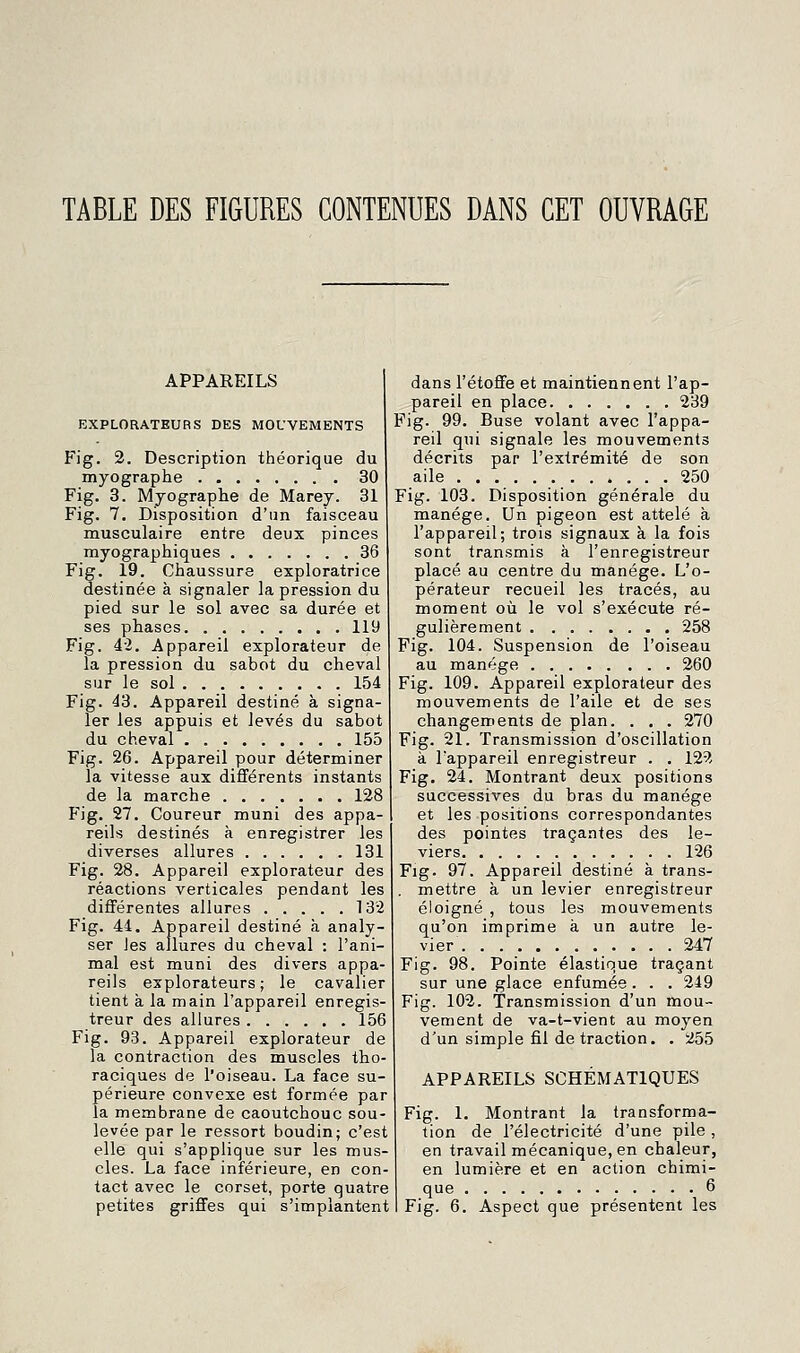 TABLE DES FIGURES CONTENUES DANS CET OUVRAGE APPAREILS EXPLORATEURS DES MOUVEMENTS Fig. 2. Description théorique du myographe 30 Fig. 3. Myographe de Marey. 31 Fig. 7. Disposition d'un faisceau musculaire entre deux pinces myographiques 36 Fig. 19. Chaussure exploratrice destinée à signaler la pression du pied sur le sol avec sa durée et ses phases 119 Fig. éi. Appareil explorateur de la pression du sabot du cheval sur le sol 154 Fig. 43. Appareil destiné à signa- ler les appuis et levés du sabot du cheval 155 Fig. 26. Appareil pour déterminer la vitesse aux différents instants de la marche 128 Fig. 27. Coureur muni des appa- reils destinés à enregistrer les diverses allures 181 Fig. 28. Appareil explorateur des réactions verticales pendant les différentes allures 132 Fig. 44. Appareil destiné à analy- ser les allures du cheval : l'ani- mal est muni des divers appa- reils explorateurs; le cavalier tient à la main l'appareil enregis- treur des allures 156 Fig. 93. Appareil explorateur de la contraction des muscles tho- raciques de l'oiseau. La face su- périeure convexe est formée par la membrane de caoutchouc sou- levée par le ressort boudin; c'est elle qui s'applique sur les mus- cles. La face inférieure, en con- tact avec le corset, porte quatre petites griffes qui s'implantent dans l'étoffe et maintiennent l'ap- pareil en place 239 Fig. 99. Buse volant avec l'appa- reil qui signale les mouvements décrits par l'extrémité de son aile 250 Fig. 103. Disposition générale du manège. Un pigeon est attelé à l'appareil; trois signaux à la fois sont transmis à l'enregistreur placé au centre du manège. L'o- pérateur recueil les tracés, au moment où le vol s'exécute ré- gulièrement 258 Fig. 104. Suspension de l'oiseau au manège 260 Fig. 109. Appareil explorateur des mouvements de l'aile et de ses changements de plan. . . . 270 Fig. 21. Transmission d'oscillation à l'appareil enregistreur . , 122 Fig. 24. Montrant deux positions successives du bras du manège et les positions correspondantes des pointes traçantes des le- viers 126 Fig. 97. Appareil destiné à trans- . mettre à un levier enregistreur éloigné , tous les mouvements qu'on imprime à un autre le- vier 247 Fig. 98. Pointe élastique traçant sur une glace enfumée. . . 249 Fig. 102. Transmission d'un mou- vement de va-t-vient au moyen d'un simple fil de traction. . 255 APPAREILS SCHÉMATIQUES Fig. 1. Montrant la transforma- tion de l'électricité d'une pile , en travail mécanique, en chaleur, en lumière et en action chimi- que Fig. 6. Aspect que présentent les