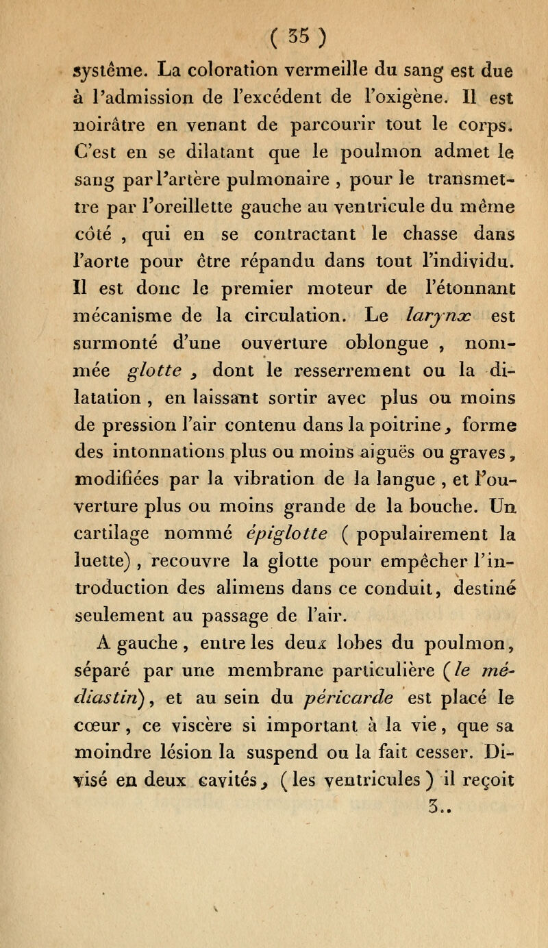 système. La coloration vermeille du sang est due à l'admission de l'excédent de Foxigène. Il est noirâtre en venant de parcourir tout le corps. C'est en se dilatant que le poulmon admet le sang par l'artère pulmonaire , pour le transmet- tre par l'oreillette gauche au ventricule du même côté , qui en se contractant le chasse dans l'aorte pour être répandu dans tout l'individu. Il est donc le premier moteur de l'étonnant mécanisme de la circulation. Le larjnœ est surmonté d'une ouverture oblongue , nom- mée glotte y dont le resserrement ou la di- latation , en laissant sortir avec plus ou moins de pression l'air contenu dans la poitrine > forme des intonnations plus ou moins aiguës ou graves, modifiées par la vibration de la langue , et l'ou- verture plus ou moins grande de la bouche. Un cartilage nommé êpiglotte ( populairement la luette) , recouvre la glotte pour empêcher l'in- troduction des alimens dans ce conduit, destiné seulement au passage de l'air. A gauche, entre les deuj: lobes du poulmon, séparé par une membrane particulière (/e mé- diastin), et au sein du péricarde est placé le cœur, ce viscère si important à la vie, que sa moindre lésion la suspend ou la fait cesser. Di- visé en deux cavités., (les ventricules) il reçoit 3..