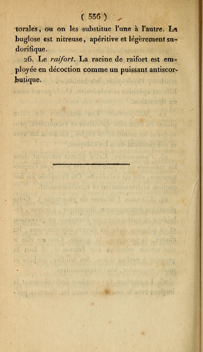 torales, ou on les substitue Tune à l'autre, hn bugîose est nitreuse, apéritive et légèrement su- dorifîque. 26. Le raifort. La racine de raifort est em- ployée en décoction comme un puissant antiscor* butique, WWTSi