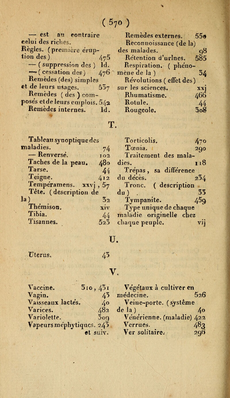 —- est an contraire celui des riches» Règles, (première érup- tion des) 4y5 — ( suppression des ) Id. ~^ ( cessation des ) 476 Remèdes (des) simples €t de leurs usages. 557 Remèdes ( des ) com- poses etde leurs emplois, 54a Remèdes internes. Id. Remèdes externes. 55a Reconnoissance (de la) des malades. 08 Rétention d'urines. 5o5 Respiration. ( phe'no- mène de la ) 34 ReVolutions ( effet des) sur les sciences. xxj Rhumatisme. Ifoè Rotule. 44 Rougeole. 3o$ T. Tableau synoptique des maladies. 74 — Renversé. jos Taches de la peau. 480 Tarse. 44 Teigne. 412 Tempéramens. xxvj , 57 Tête, (description de la) 32 Thémison. %iv Tibia. 44 Tisannes. 525 Torticolis. 47° Tœnia. 290 Traitement des mala- dies. 118 Trépas , sa différence du décès. 234 Tronc. ( description du) , 33 Tympanite. 4^9 Type unique de chaque maladie originelle chez chaque peuple. vij u. Utérus» 45 Vaccine. 310, 0i Vagin. 43 Vaisseaux lactés. 4° Varices. 4^2 Variolette. $09 Vapeursméphytiqucs. i/fi et suiv. Végétaux à cultiver en médecine. 526 Veine-porte, (système de la ) 4° Vénérienne, (maladie) 422 Verrues. 483 Ver solitaire; 29H