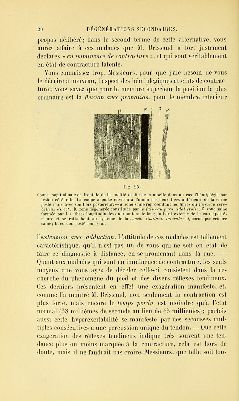 propos délibéré; dans le second terme de cette alternative, vous aurez affaire à ces malades que M. Brissaud a fort justement déclarés « en imminence de contracture », et qui sont véritablement en état de contracture latente. Vous connaissez trop. Messieurs, pour que j'aie besoin de vous le décrire à nouveau, l'aspect des hémiplégiques atteints de contrac- ture; vous savez que pour le membre supérieur la position la plus ordinaire est la flexion avec pronation, pour le membre inférieur l'ig. 25. Coupe ongiluclinale et frontale rie la moitié droite de la moelle dans un cas d'hcmipléf,'ic par lésion cérébrale. La coupe a porté environ à l'union des deux tiers antérieurs de la corne poslérieure avec son tiers postérieur.— A, zone saine représentant les fibres du faisceau céré- belleux direct; B, zone dégénérée constituée par le faisceau pyramidal croisé; C, zone saine formée par les libres longitudinales qui montent le long du bord externe de la corne posté- rieure et se rattachent au système de la couche limitante latérale; D, corne postérieure saine; E, cordon postérieur sain. Vextension avec adduction. L'attitude de ces malades est tellement caractéristique, qu'il n'est pas un de vous qui ne soit en état de faire ce diagnostic à distance, en se promenant dans la rue. — Quant aux malades qui sont en imminence de conlraclure, les seuls 'moyens que vous ayez de déceler celle-ci consistent dans la re- cherche du phénomène du pied et des divers réflexes tendineux. Ces derniers présentent en effet une exagération manifeste, et, comme l'a montré M. Brissaud, non seulement la contraction est plus forte, mais encore le temps perdu est moindre qu'à l'état normal (38 millièmes de seconde au lieu de 45 millièmes) ; parfois aussi cette hyperexcitabilité se manifeste par des secousses mul- tiples consécutives à une percussion unique du tendon. — Que cette exagération des réflexes tendineux indique très souvent imc ten- dance plus ou moins marquée à la contracture, cela est hors de doute, mais il ne faudrait pas croire. Messieurs, que telle soit tou-