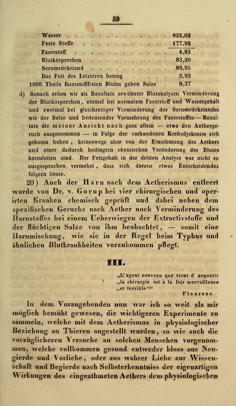 Wasser 822,02 Feste Stoffe 177,98 Faserstoff 4,83 Blutkörperchen 83,20 Serumrückstand 89,95 Das Fett des Lefzleren betrug 2,92 1000 Theile faserstofffreien Blutes gaben Salze . 8,37 d) Sonach sehen wir als Resultate erwähnter Blutanalysen Verminderung der Blutkörperchen, einmal bei normalem Faserstoff und Wassergehalt und zweimal bei gleichzeitiger Verminderung des Serumrückstandes wie der Salze und bedeutender Vermehrung des Faserstoffes — Resul- tate die meiner Ansicht nach ganz allein — etwa den Aetherge- ruch ausgenommen — in Folge der vorhandenen Krebsdyskrasie sich geboten haben , keineswegs aber von der Einathmung des Aethers und einer dadurch bedingten chemischen Veränderung des Blutes herzuleiten sind. Der Fettgehalt in der dritten Analyse war nicht so ausgesprochen vermehrt , dass sich daraus etwas Entscheidendes folgern Hesse. 20) Auch der HaruDach dem Aetberismus entleert wurde von Dr. v. Goriip bei vier chirurgiisclien und oper- irten Kranken cliemiscli geprüft und dabei neben dem spezifiscbcn Gerucbe nach Aether nocb Verminderung des Harnstoffes bei einem üeberwiegen der Extractivstoffe und der flücbti^^en Salze von ihm beobachtet, — somit eine Marnmischung;, wie sie in der Regel beim Typhus und ähnlichen ßlutkrankheiten vorzukommen pflegt. III. „L'agent uoaveau que vient d' acquerir * „la Chirurgie est a la foia mervcillease ,,et terrible !«' Flo urens. In dem Vorangehenden nun war ich so weit als mir möglich bemüht gewesen, die wichtigeren Experimente zu sammeln, welche mit dem Aetherismus in physiologischer Beziehung an Thieren angestellt wurden, so wie auch die vorzüglicheren Versuche an solchen Menschen vorgenom- men, welche vollkommen gesund entweder bloss aus Neu- gierde und Vorliebe, oder aus wahrer Liebe zur Wissen- schaft und Begierde nach Selbsterkenntniss der eigenartigen Wirkungen des eingeathmeten Aethers demphysiologisc|icp