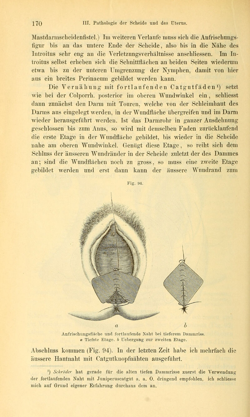 Mastdarmscbeidenfistel.) Im weiteren Verlaufe muss sieb die Anfrischungs- figur bis an das untere Ende der Scbeide, also bis in die Nabe des Introitus sebr eng an die Verletzungsverbältnisse anscbliessen. Im In- troitus selbst erbeben sich die Sclmittfläcben an beiden Seiten wiederum etwa bis zu der unteren Umgrenzung der Nympben, damit von bier aus ein breites Perinaeum gebildet werden kann. Die Vernäbung mit fortlaufenden Catgutfäden^) setzt wie bei der Colpon-b. posterior im oberen Wundwinkel ein, schliesst dann zunächst den Darm mit Touren, welche von der Schleimhaut des Darms aus eingelegt werden, in der Wundfläche übergreifen und im Darm wieder herausgeführt werden. Ist das Darmrobr in ganzer Ausdehnung geschlossen bis zum Anus, so wird mit demselben Faden zurücklaufend die erste Etage in der Wundfläche gebildet, bis wieder in die Scbeide nahe am oberen Wundwinkel. Genügt diese Etage, so reiht sich dem Schluss der äusseren Wundränder in der Scheide zuletzt der des Dammes an; sind die Wundfläcben noch zu gross, so muss eine zweite Etage gebildet werden und erst dann kann der äussere Wundrand zum Fig. 94. Anfrischungsfläche und fortlaufende Naht bei tieferem Dammriss. a Tiefste Etage, b üebergang zur zweiten Etage. Abschluss kommen (Fig. 94). In der letzten Zeit habe ich mehrfach die äussere Hautnaht mit Catgutknopfnähten ausgeführt. ') Schröder hat gerade für die alten tiefen Dammrisse zuerst die Verwendung der fortlaufenden Naht mit Juniperuscatgut a. a. 0. dringend empfohlen, ich schliesse mich auf Grund eigener Erfahrung durchaus dem an.