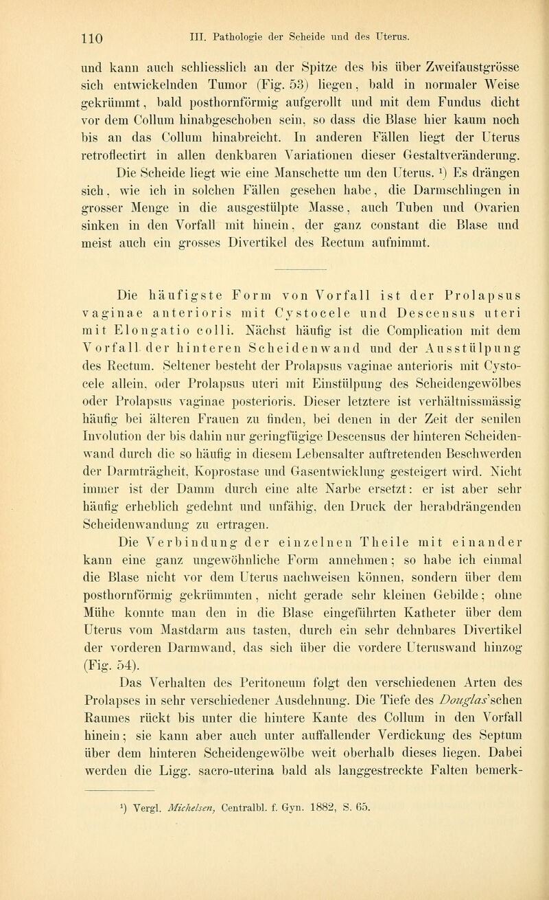 und kann auch schliesslich an der Spitze des bis über Zweifaustgrösse sich entwickelnden Tumor (Fig. 53) liegen, bald in normaler Weise gekrümmt, bald posthornförmig aufgerollt und mit dem Fundus dicht vor dem Collum hinabgeschoben sein, so dass die Blase hier kaum noch bis an das Collum hinabreicht. In anderen Fällen liegt der Uterus retroflectirt in allen denkbaren Variationen dieser Gestaltverändernng. Die Scheide liegt wie eine Manschette um den Uterus. *) Es drängen sich, wie ich in solchen Fällen gesehen habe, die Darmschlingen in grosser Menge in die ausgestülpte Masse, auch Tuben und Ovarien sinken in den Vorfall mit hinein, der ganz constant die Blase und meist auch ein grosses Divertikel des Rectum aufnimmt. Die häufigste Form von Vorfall ist der Prolapsus vaginae anterioris mit Cystocele und Descensus uteri mit Elongatio colli. Nächst häufig ist die Complication mit dem Vorfallder hinteren Scheidenwand und der Ausstülpun g des Rectum. Seltener besteht der Prolapsus vaginae anterioris mit Cysto- cele allein, oder Prolapsus uteri mit Einstülpung des Scheidengewölbes oder Prolapsus vaginae posterioris. Dieser letztere ist verhältnissmässig häufig bei älteren Frauen zu finden, bei denen in der Zeit der senilen Involution der bis dahin nur geringfügige Descensus der hinteren Scheiden- wand durch die so häufig in diesem Lebensalter auftretenden Beschwerden der Darmträgheit, Koprostase und Gasentwicklung gesteigert wird. Nicht immer ist der Damm durch eine alte Narbe ersetzt: er ist aber sehr häufig erheblich gedehnt und unfähig, den Druck der herabdrängenden Scheidenwandung zu ertragen. Die Verbindung der einzelnen Theile mit einander kann eine ganz ungewöhnliche Form annehmen; so habe ich einmal die Blase nicht vor dem Uterus nachweisen können, sondern über dem posthornförmig gekrümmten, nicht gerade sehr kleinen Gebilde; ohne Mühe konnte man den in die Blase eingeführten Katheter über dem Uterus vom Mastdarm aus tasten, durch ein sehr dehnbares Divertikel der vorderen Darm wand, das sich über die vordere Uterus wand hinzog (Fig. 54). Das Verhalten des Peritoneum folgt den verschiedenen Arten des Prolapses in sehr verschiedener Ausdehnung. Die Tiefe des Douglas sehen Raumes rückt bis unter die hintere Kante des Collum in den Vorfall hinein; sie kann aber auch unter auffallender Verdickung des Septum über dem hinteren Scheidengewölbe weit oberhalb dieses liegen. Dabei werden die Ligg. sacro-uterina bald als langgestreckte Falten bemerk- J) Yergl. Michelsen, Centralbl. f. Gyn. 1882, S. 65.