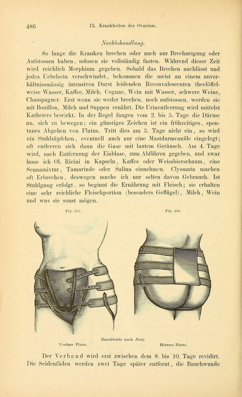 Nachbehandlung. So lange die Kranken brechen oder auch nur Brechneigung- oder Aufstossen haben, müssen sie vollständig fasten. Während dieser Zeit wird reichlich Morphium gegeben. Sobald das Brechen nachlässt und jedes Uebelsein verschwindet, bekommen die meist an einem unver- hältnissmässig intensiven Durst leidenden Reconvalescenten theelöfrel- weise Wasser, Katfee, Milch, Cognac, Wein mit Wasser, schwere Weine, Champagner. Erst wenn sie weder brechen, noch aufstossen, werden sie mit Bouillon, Milch und Suppen ernährt. Die Urinentleerung wird mittelst Katheters bewirkt. In der Eegel fangen vom 2. bis 5. Tage die Därme an, sich zu bewegen; ein günstiges Zeichen ist ein frühzeitiges, spon- tanes Abgehen von Flatus. Tritt dies am 3. Tage nicht ein, so wird ein Stuhlzäpfchen, eventuell auch nur eine Mastdarmcanüle eingelegt; oft entleeren sich dann die Gase mit lautem Geräusch. Am 4. Tage wird, nach Entfernung der Eisblase, zum Abführen gegeben, und zwar lasse ich Ol. Ricini in Kapseln, Kaffee oder Weissbierschaum, eine Sennamixtur, Tamarinde oder Salina einnehmen. Clysmata machen oft Erbrechen, deswegen mache ich nur selten davon Gebrauch. Ist Stuhlgang erfolgt, so beginnt die Ernährung mit Fleisch; sie erhalten eine sehr reichliche Fleischportion (besonders Geflügel), Milch, Wein und was sie sonst mögen. Fig. 205 Fig. 204. Bauchbinde nach Beely. Vordere Hatte. Hintere Platte. Der Verband wird erst zwischen dem 8. bis 10. Tage revidirt. Die Seidenfäden werden zwei Tage später entfernt, die Bauchwunde