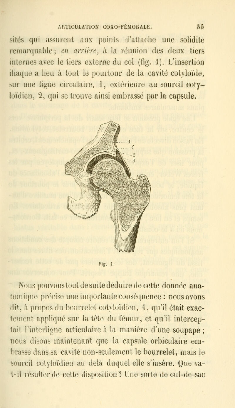 sites qui assurent aux points d'attache une solidité remarquable; en arrière, à la réunion des deux tiers internes avec le tiers externe du col (fig. 1). L'insertion iliaque a lieu à tout le pourtour de la cavité cotyloïde, sur une ligne circulaire, i, extérieure au sourcil coty- loïdien, 2, qui se trouve ainsi embrassé par la capsule. Fi.?, 1. Nous pouvonstoutdesuitedéduire de cette donnée ana- tomique précise une importante conséquence : nous avons dit, à propos du bourrelet cotyloïdien, 1, qu'il était exac- tement appliqué sur la tète du fémur, et qu'il intercep- tait l'interligne articulaire à la manière d'une soupape ; BOUS disons maintenant que la capsule orbiculaire em- brasse dans sa cavité non-seulement le bourrelet, mais le sourcil cotyloïdien au delà duquel elle s'insère. Que va- t-il résulter de cette disposition? Une sorte de cul-de-sac