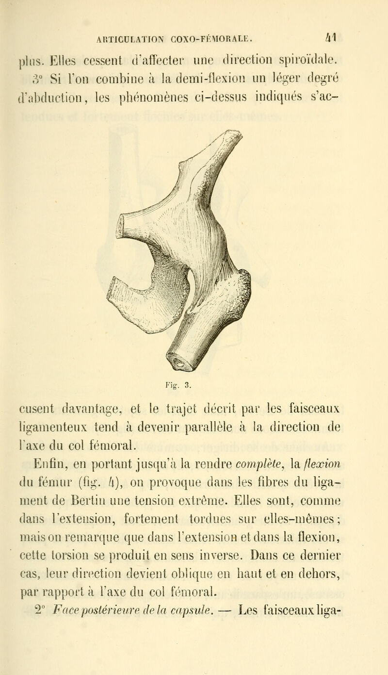 plus. Elles cessent d'affecler une direction spiroïdale. r/ Si Ton combine à la demi-flexion un léger degré d'abduction, les phénomènes ci-dessus indiqués s'ac- Fn cusent davantage, et le trajet décrit par les faisceaux ligamenteux tend à devenir parallèle à la direction de Taxe du col fémoral. Enfin, en portant jusqu'à la rendre complète, \dL flexion du fémur (fig. /i), on provoque dans les fibres du liga- ment de Berlin une tension extrême. Elles sont, comme dans l'extension, fortement tordues sur elles-mêmes; maison remarque que dans l'extension et dans la flexion, cette torsion se produit en sens inverse. Dans ce dernier cas, leur direction devient oblique en haut et en dehors, par rapport à l'axe du col fémoral. 2* Face postérieure delà capsule. — Les faisceaux liga-