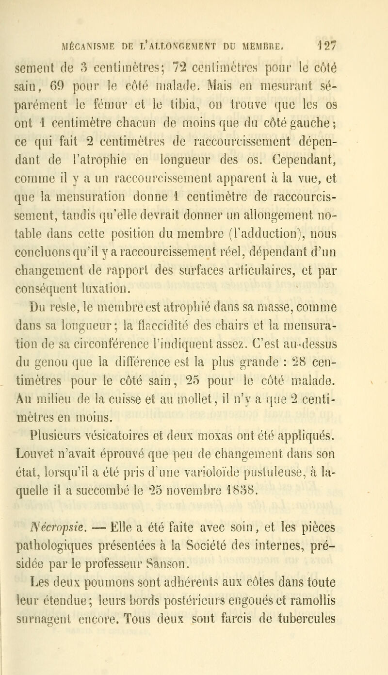 sèment de 3 ccntiinètres; 7'2 cenliinètrcs pour le côté sain, 69 pour le côté malade. Mais en mesurant sé- parément le fémur et le tibia, on trouve que les os ont 1 centimètre chacun de moins que du côté gauche ; ce qui fait 2 centimètres de raccourcissement dépen- dant de l'atrophie en longueur des os. Cependant, comme il y a un raccourcissement apparent à la vue, et que la mensuration donne i centimètre de raccourcis- sement, tandis qu'elle devrait donner un allongement no- table dans cette position du membre (l'adduction), nous concluons qu'il y a raccourcissement réel, dépendant d'un changement de rapport des surfaces articulaires, et par conséquent luxation. Du reste, le membre est atrophié dans sa masse, comme dans sa longueur; la flaccidité des chairs et la mensura- tion de sa circonférence Pindiquent assez. C'est au-dessus du genou que la différence est la plus grande : 28 cen- timètres pour le côté sain, 25 pour le côté malade. Au milieu de la cuisse et au mollet, il n'y a que 2 centi- mètres en moins. Plusieurs vésicatoires et deux nioxas ont été appliqués. Louvet n'avait éprouvé que peu de changement dans son état, lorsqu'il a été pris d'une varioloïde pustuleuse, à la- quelle il a succombé le 25 novembre 18o8. Nécropsie, — Elle a été faite avec soin, et les pièces pathologiques présentées à la Société des internes, pré- sidée par le professeur Sa.nson. Les deux poumons sont adhérents aux côtes dans toute leur étendue; leurs bords postérieurs engoués et ramollis surnagent encore. Tous deux sont farcis de tubercules