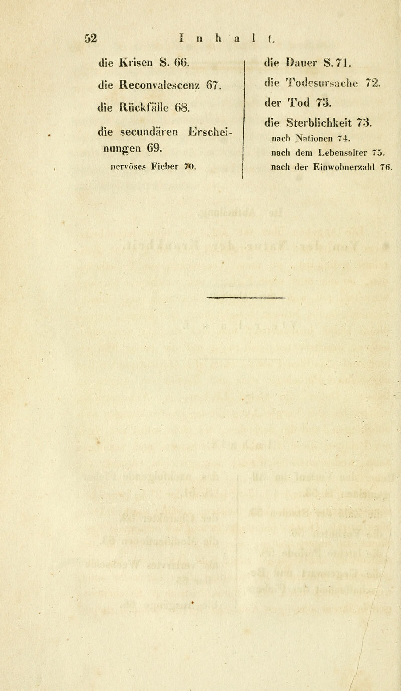 die Krisen S. 66. die Reconvalescenz 67. die Rückfälle 68. die secundären Erschei- nungen 69. nervöses Fieber 70, die Dauer S. 71. die Todesursache 72. der Tod 73. die Sterblichkeit 73. nach Nationen 7i. nach dem Lebensalter T5. nach der Einwohnerzahl 76.