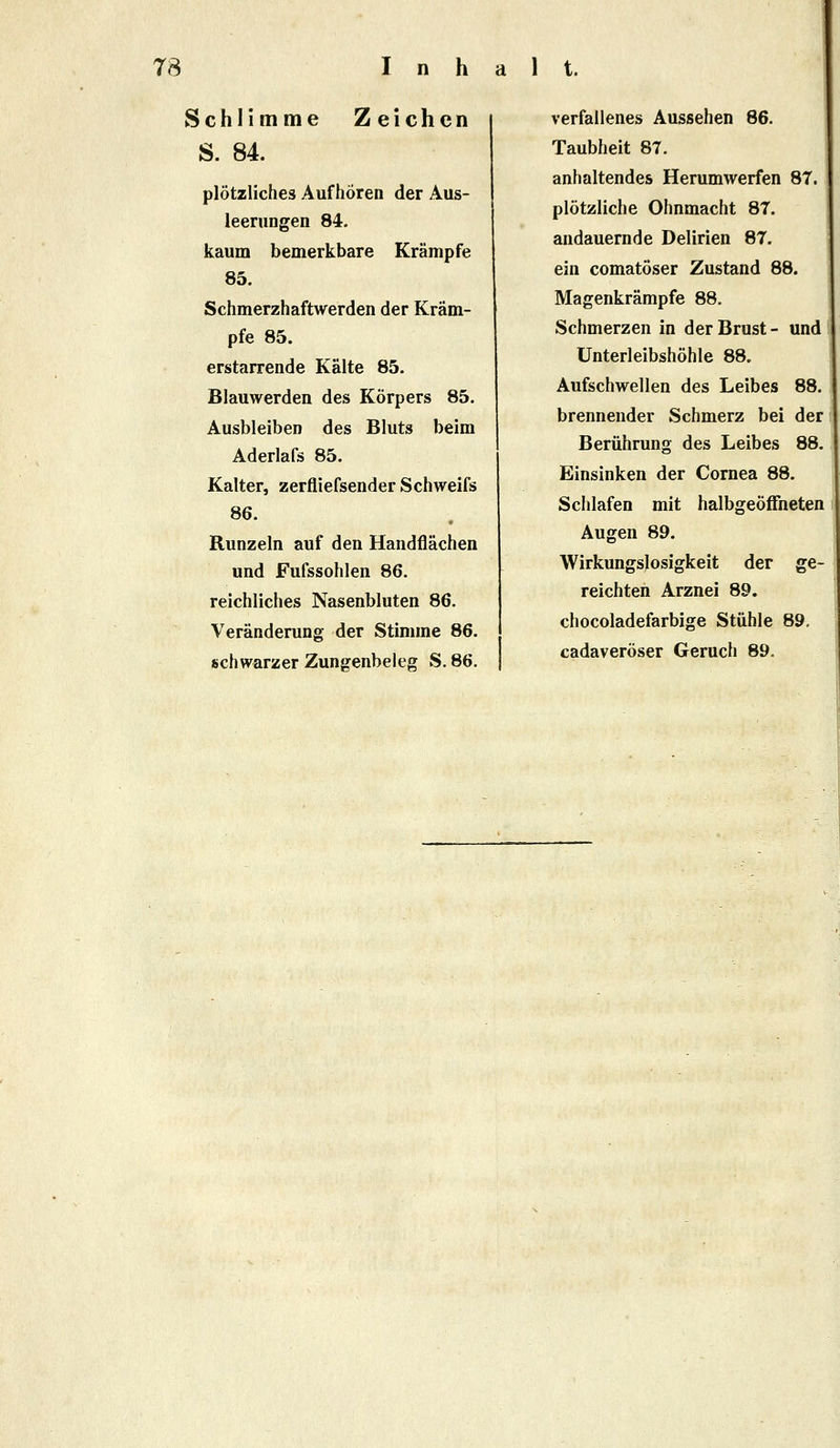 Schlimme Zeichen S. 84. plötzliches Aufhören der Aus- leerungen 84. kaum bemerkbare Krämpfe 85. Schmerzhaftwerden der Kräm- pfe 85. erstarrende Kälte 85. Blauwerden des Körpers 85. Ausbleiben des Bluts beim Aderlafs 85. Kalter, zerfliefsender Schweifs 86. Runzeln auf den Handflächen und Fufssohlen 86. reichliches Nasenbluten 86. Veränderung der Stimme 86. schwarzer Zungenbeleg S. 86. verfallenes Aussehen 86. Taubheit 87. anhaltendes Herumwerfen 87. plötzliche Ohnmacht 87. andauernde Delirien 87. ein comatöser Zustand 88. Magenkrämpfe 88. Schmerzen in der Brust - und Unterleibshöhle 88. Aufschwellen des Leibes 88. brennender Schmerz bei der Berührung des Leibes 88. Einsinken der Cornea 88. Schlafen mit halbgeöffneten Augen 89. Wirkungslosigkeit der ge- reichten Arznei 89. chocoladefarbige Stühle 89. cadaveröser Geruch 89.