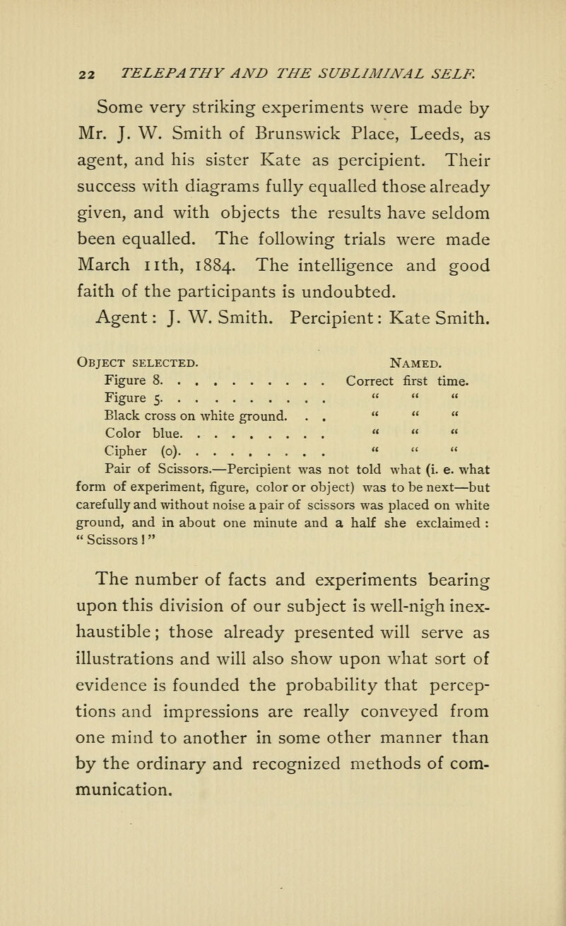 Some very striking experiments were made by- Mr. J. W. Smith of Brunswick Place, Leeds, as agent, and his sister Kate as percipient. Their success with diagrams fully equalled those already given, and with objects the results have seldom been equalled. The following trials were made March nth, 1884. The intelligence and good faith of the participants is undoubted. Agent: J. W. Smith. Percipient: Kate Smith. Object selected. Named. Figure 8 Correct first time. Figure 5    Black cross on white ground. . .    Color blue    Cipher (o)    Pair of Scissors.—Percipient was not told what (i. e. what form of experiment, figure, color or object) was to be next—but carefully and without noise a pair of scissors was placed on white ground, and in about one minute and a half she exclaimed :  Scissors! The number of facts and experiments bearing upon this division of our subject is well-nigh inex- haustible ; those already presented will serve as illustrations and will also show upon what sort of evidence is founded the probability that percep- tions and impressions are really conveyed from one mind to another in some other manner than by the ordinary and recognized methods of com- munication.