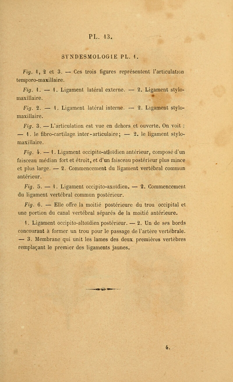 SVNDESMOLOGIE PL. 1. Fig. 1,2 et 3. — Ces trois figures représentent l'articulation temporo-maxillaire. Fig. 'I. — \. Ligament latéral externe. — 2. Ligament stylo- maxillaire. Fig. 2. — 1. Ligament latéral interne. — 2. Ligament stylo- maxillaire. Fig. 3. —L'articulation est vue en dehors et ouverte. On voit : — 1. le fibro-cartilage inter-articulaire; — 2. le ligament stylo- maxillaire. Fig. 4. — \. Ligament occipito-atloïdien antérieur, composé d'un faisceau médian fort et étroit, et d'un faisceau postérieur plus mince et plus large. — 2. Commencement du ligament vertébral commun antérieur. Fig. o. — 1. Ligament occipito-axoïdien. — 2. Commencement du ligament vertébral commun postérieur. Fig. 6. — Elle offre la moitié postérieure du trou occipital et une portion du canal vertébral séparés de la moitié antérieure. 1. Ligament occipito-altoïdien postérieur. — 2. Un de ses bords concourant à former un trou pour le passage de l'artère vertébrale. — 3. Membrane qui unit les lames des deux premières vertèbres remplaçant le premier des ligaments jaunes. 4.