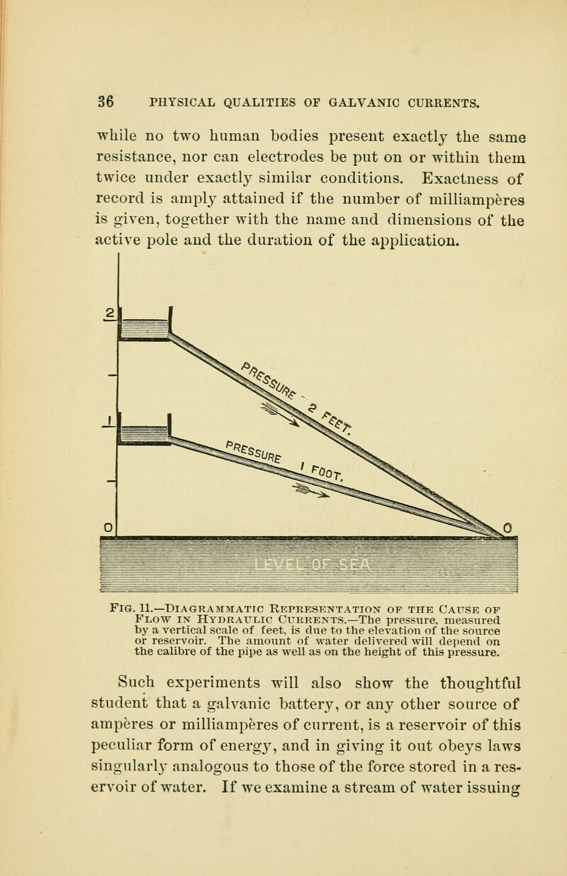 while no two human bodies present exactly the same resistance, nor can electrodes be put on or within them twice under exactly similar conditions. Exactness of record is amply attained if the number of milliamperes is given, together with the name and dimensions of the active pole and the duration of the application. Fig. 11.—Diagrammatic Representation of the Cause op Flow in Hydraulic Currents.—The pressure, measured by a vertical scale of feet, is due to the elevation of the source or reservoir. The amount of water delivered will depend on the calibre of the pipe as well as on the height of this pressure. Such experiments will also show the thoughtful student that a galvanic battery, or any other source of amperes or milliamperes of current, is a reservoir of this peculiar form of energy, and in giving it out obeys laws singularly analogous to those of the force stored in a res- ervoir of water. If we examine a stream of water issuing