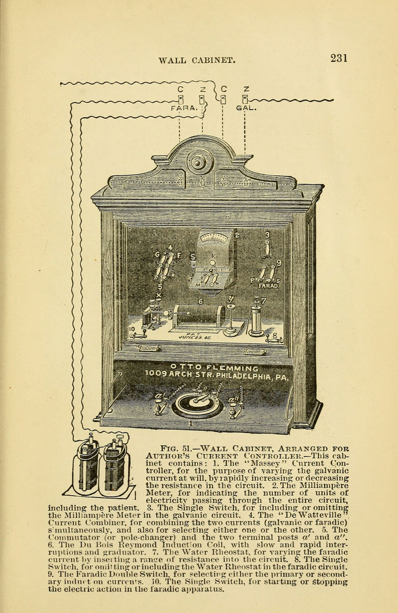 WALL CABINET. Fig. 51.—Waee Cabinet, Arranged for Author's Current Controller.—This cab- inet contains: 1. The Massey Current Con- troller, for the purpose of varying the galvanic current at will, by rapidly increasing or decreasing the resistance in the circuit. 2. The Milliampere Meter, for indicating the number of units of electricity passing through the entire circuit, including the patient. 3. The Single Switch, for including or omitting the Milliampere Meter in the galvanic circuit. 4. The De Watteville Current Combiner, for combining the two currents (galvanic or faradic) simultaneously, and also for selecting either one or the other. 5. The Commutator (or pole-changer). and the two terminal posts a' and a. 6. The Du Bois Reymond Induction Coil, with slow and rapid inter- ruptions and graduator. 7. The Water Rheostat, for varying the faradic current by inserting a range of resistance into the circuit. 8. The Single Switch, for omitting or including the Wrater Rheostat in the faradic circuit. 9. The Faradic Double Switch, for selecting either the primary or second- ary induct on currents. 10. The Single Switch, for starting or Stopping the electric action in the faradic apparatus.