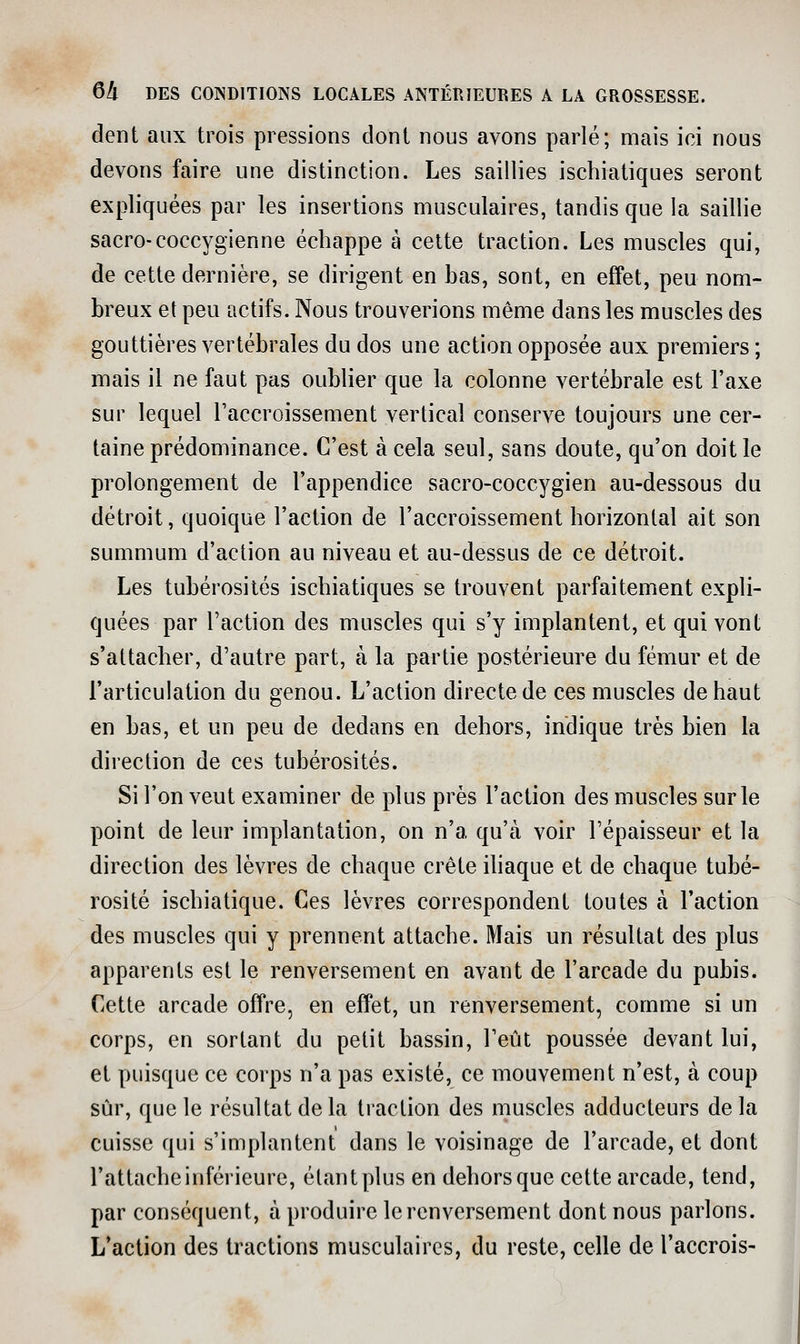 dent aux trois pressions dont nous avons parlé; mais ici nous devons faire une distinction. Les saillies ischiatiques seront expliquées par les insertions musculaires, tandis que la saillie sacro-coccygienne échappe à cette traction. Les muscles qui, de cette dernière, se dirigent en bas, sont, en effet, peu nom- breux et peu actifs. Nous trouverions même dans les muscles des gouttières vertébrales du dos une action opposée aux premiers ; mais il ne faut pas oublier que la colonne vertébrale est l'axe sur lequel l'accroisseuient vertical conserve toujours une cer- taine prédominance. C'est à cela seul, sans doute, qu'on doit le prolongement de l'appendice sacro-coccygien au-dessous du détroit, quoique l'action de l'accroissement horizontal ait son summum d'action au niveau et au-dessus de ce détroit. Les tubérosités ischiatiques se trouvent parfaitement expli- quées par l'action des muscles qui s'y implantent, et qui vont s'attacher, d'autre part, à la partie postérieure du fémur et de l'articulation du genou. L'action directe de ces muscles de haut en bas, et un peu de dedans en dehors, indique très bien la direction de ces tubérosités. Si l'on veut examiner de plus près l'action des muscles sur le point de leur implantation, on n'a qu'à voir l'épaisseur et la direction des lèvres de chaque crête iliaque et de chaque tubé- rosité ischiatique. Ces lèvres correspondent toutes à l'action des muscles qui y prennent attache. Mais un résultat des plus apparents est le renversement en avant de l'arcade du pubis. Cette arcade offre, en effet, un renversement, comme si un corps, en sortant du petit bassin, l'eût poussée devant lui, et puisque ce corps n'a pas existé, ce mouvement n'est, à coup sûr, que le résultat de la traction des muscles adducteurs de la cuisse qui s'implantent dans le voisinage de l'arcade, et dont l'attacheinférieure, élantplus en dehors que cette arcade, tend, par conséquent, à produire le renversement dont nous parlons. L'action des tractions musculaires, du reste, celle de l'accrois-