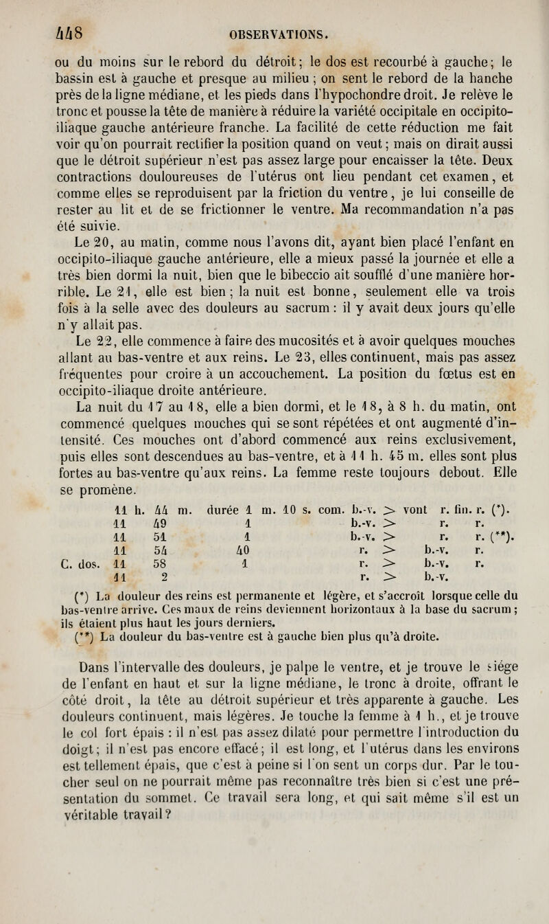OU du moins sur le rebord du détroit; le dos est recourbé à gauche; le bassin est à gauche et presque au milieu ; on sent le rebord de la hanche près delà ligne médiane, et les pieds dans Thypochondredroit. Je relève le tronc et pousse la tête de manière à réduire la variété occipitale en occipito- iliaque gauche antérieure franche. La facilité de cette réduction me fait voir qu'on pourrait rectifier la position quand on veut ; mais on dirait aussi que le détroit supérieur n'est pas assez large pour encaisser la tête. Deux contractions douloureuses de l'utérus ont lieu pendant cet examen, et comme elles se reproduisent par la friction du ventre, je lui conseille de rester au lit et de se frictionner le ventre. Ma recommandation n'a pas été suivie. Le 20, au matin, comme nous l'avons dit, ayant bien placé l'enfant en occipito-iliaque gauche antérieure, elle a mieux passé la journée et elle a très bien dormi la nuit, bien que le bibeccio ait soufflé d'une manière hor- rible. Le 21, elle est bien; la nuit est bonne, seulement elle va trois fois à la selle avec des douleurs au sacrum : il y avait deux jours qu'elle ny allait pas. Le 22, elle commence à faire des mucosités et à avoir quelques mouches allant au bas-ventre et aux reins. Le 23, elles continuent, mais pas assez fréquentes pour croire à un accouchement. La position du fœtus est en occipito-iliaque droite antérieure. La nuit du 17 au 1 8, elle a bien dormi, et le 18, à 8 h. du matin, ont commencé quelques mouches qui se sont répétées et ont augmenté d'in- tensité. Ces mouches ont d'abord commencé aux reins exclusivement, puis elles sont descendues au bas-ventre, et à il h. 45 m. elles sont plus fortes au bas-ventre qu'aux reins. La femme reste toujours debout. Elle se promène. m. 10 s. com. b.-v. >. vont r. fin. r. (*). b.-v. >- r. r. b.-v. > r. r. (**). r. >► b.-v. r. C. clos. 11 58 1 r. > b.-v. r. r. >- b. -V. (') La douleur des reins est permanente et légère, et s'accroît lorsque celle du bas-ventre arrive. Ces maux de reins deviennent horizontaux à la base du sacrum ; ils étaient plus haut les jours derniers. ('*) La douleur du bas-ventre est à gauche bien plus qu'à droite. Dans l'intervalle des douleurs, je palpe le ventre, et je trouve le siège de l'enfant en haut et sur la ligne médiane, le tronc à droite, offrant le côté droit, la tête au détroit supérieur et très apparente à gauche. Les douleurs continuent, mais légères. Je touche la femme à 1 h., et je trouve le col fort épais : il n'est pas assez dilaté pour permettre l'introduction du doigt; il n'est pas encore effacé; il est long, et l'utérus dans les environs est tellement é|)ais, que c'est à peine si Ion sent un corps dur. Par le tou- cher seul on ne pourrait môme pas reconnaître très bien si c'est une pré- sentation du sommet. Ce travail sera long, et qui sait même s'il est un véritable travail? 11 h. lik m. durée 1 11 49 1 11 51 1 11 54 40 11 58 1 11 2