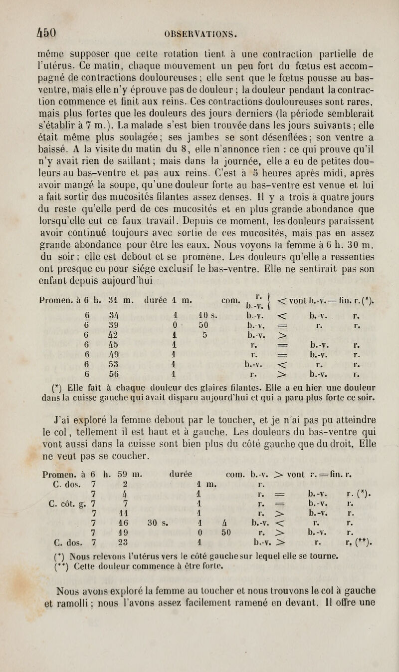 même supposer que celte rotation tient, à une contraction partielle de l'utérus. Ce matin, cluique mouvement un peu fort du fœtus est accom- pagné de contractions douloureuses ; elle sent que le fœtus pousse au bas- ventre, mais elle n'y éprouve pas de douleur ; la douleur pendant la contrac- tion commence et finit aux reins. Ces contractions douloureuses sont rares, mais plus fortes que les douleurs des jours derniers (la période semblerait s'établir à 7 m.). La malade s'est bien trouvée dans les jours suivants ; elle était même plus soulagée; ses jambes se sont désenflées; son ventre a baissé. A la visite du matin du 8, elle n'annonce rien : ce qui prouve qu'il n'y avait rien de saillant; mais dans la journée, elle a eu de petites dou- leurs au bas-ventre et pas aux reins. C'est à 5 heures après midi, après avoir mangé la soupe, qu'une douleur forte au bas-ventre est venue et lui a fait sortir des mucosités filantes assez denses. Il y a trois à quatre jours du reste qu'elle perd de ces mucosités et en plus grande abondance que lorsqu'elle eut ce faux travail. Depuis ce moment, les douleurs paraissent avoir continué toujours avec sortie de ces mucosités, mais .pas en assez grande abondance pour être les eaux. Nous voyons la femme à 6 h. 30 m. du soir: elle est debout et se promène. Les douleurs qu'elle a ressenties ont presque eu pour siège exclusif le bas-ventre. Elle ne sentirait pas son enfant depuis aujourd'hui durée 1 m. com. , *' *, <■ vont b.-v.= fin. r.(*). 1 10 s. b.-v. < b.-v. r. 0 50 b.-v. = r. r. 1 5 b.-v. > 1 r. = b.-v. r. i r. = b.-v. r. 1 b.-v. < r. r. 1 r. >► b.-v. r. (*) Elle fait à chaque douleur des glaires filantes. Elle a eu hier une douleur dans la cuisse gauche qui avait disparu aujourd'hui et qui a paru plus forte ce soir. J'ai exploré la femme debout par le toucher, et je n'ai pas pu atteindre le col, tellement il est haut et à gciuche. Les douleurs du bas-ventre qui vont aussi dans la cuisse sont bien plus du côté gauche que du droit. Elle ne veut pas se coucher. Promen. à 6 h. 59 ni. C. dos. 7 2 7 li C. côt. g. 7 7 7 11 7 16 30 s. 7 19 C. dos. 7 23 (*) INous relevons l'utérus vers le côté gauche sur lequel elle se tourne. ('*) Celte douleur commence à être forte. Nous avons exploré la femme au loucher et nous trouvons le col à gauche et ramolli : nous l'avons assez facilement ramené en devant. Il offre une romen. à 6 h . 31 6 34 6 39 6 à2 6 45 6 /i9 6 53 6 56 durée com. b.-v. > vont r.= fin. 1'. 1 m. r. 1 r. = b.-v. r. (*). 1 r. = b.-v. V. 1 r. > b.-v. r. 1 à b.-v. < r. r. 0 50 r. > b.-v. r. 1 b.v. > r. r. (-).