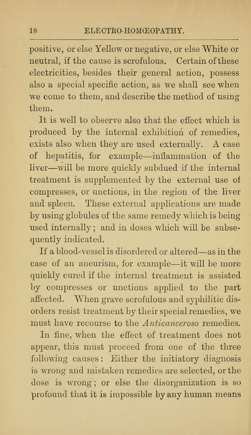 j)ositive, or else Yellow or negative, or else White or neutral, if the cause is scrofulous. Certain of these electricities, hesides their general action, possess also a special specific action, as we shall see when we come to them, and describe the method of using them. It is well to observe also that the effect which is produced by the internal exhibition of remedies, exists also when they are used externally. A case of hepatitis, for example—inflammation of the liver—will be more quickly subdued if the internal treatment is supplemented by the external use of compresses, or unctions, in the region of the liver and spleen. These external aj^plications are made by using globules of the same remedy which is being used internally; and in doses w^hich will be subse- quently indicated. If a blood-vessel is disordered or altered—as in the case of an aneurism, for example—it will be more quickly cured if the internal treatment is assisted by compresses or unctions applied to the part affected. When grave scrofulous and syphilitic dis- orders resist treatment by their special remedies, we must have recourse to the Anticanceroso remedies. In fine, when the effect of treatment does not appear, this must proceed from one of the three following causes : Either the initiatory diagnosis is wrong and mistaken remedies are selected, or the dose is wrong; or else the disorganization is so profound that it is impossible by any human means